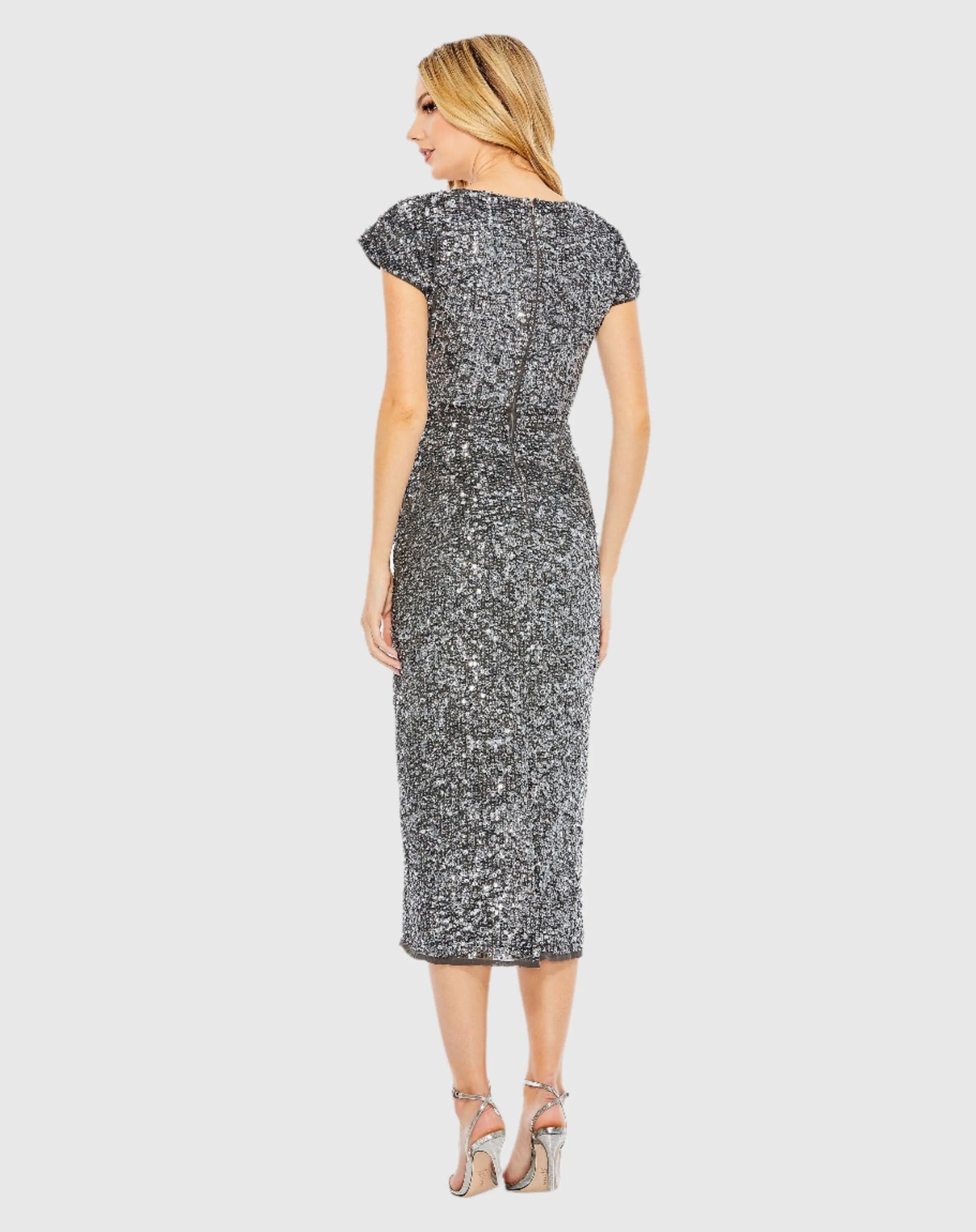 Gray Sequined Short Sleeve Wrap Over Cocktail Dress - Mac Duggal