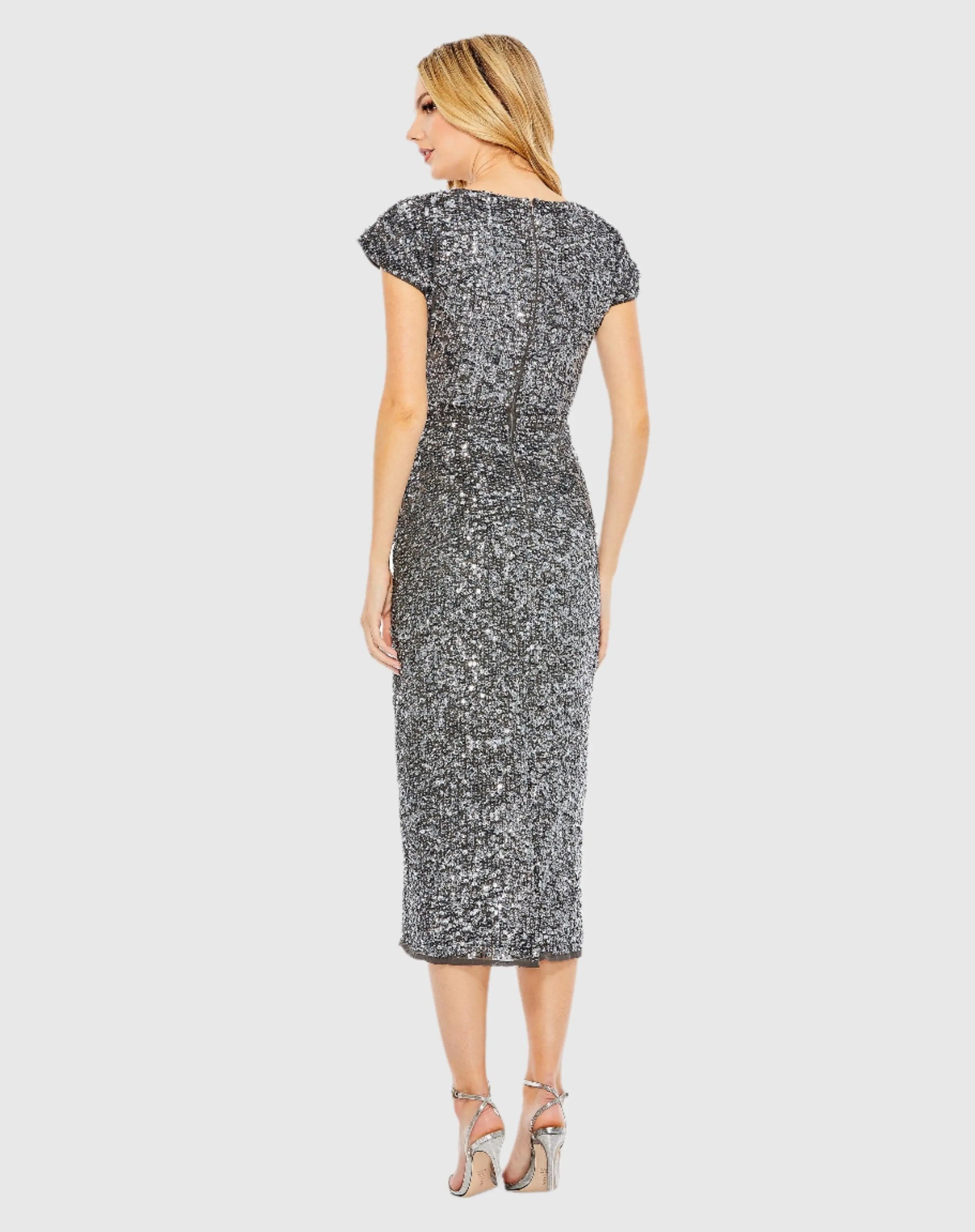 Gray Sequined Short Sleeve Wrap Over Cocktail Dress - Mac Duggal