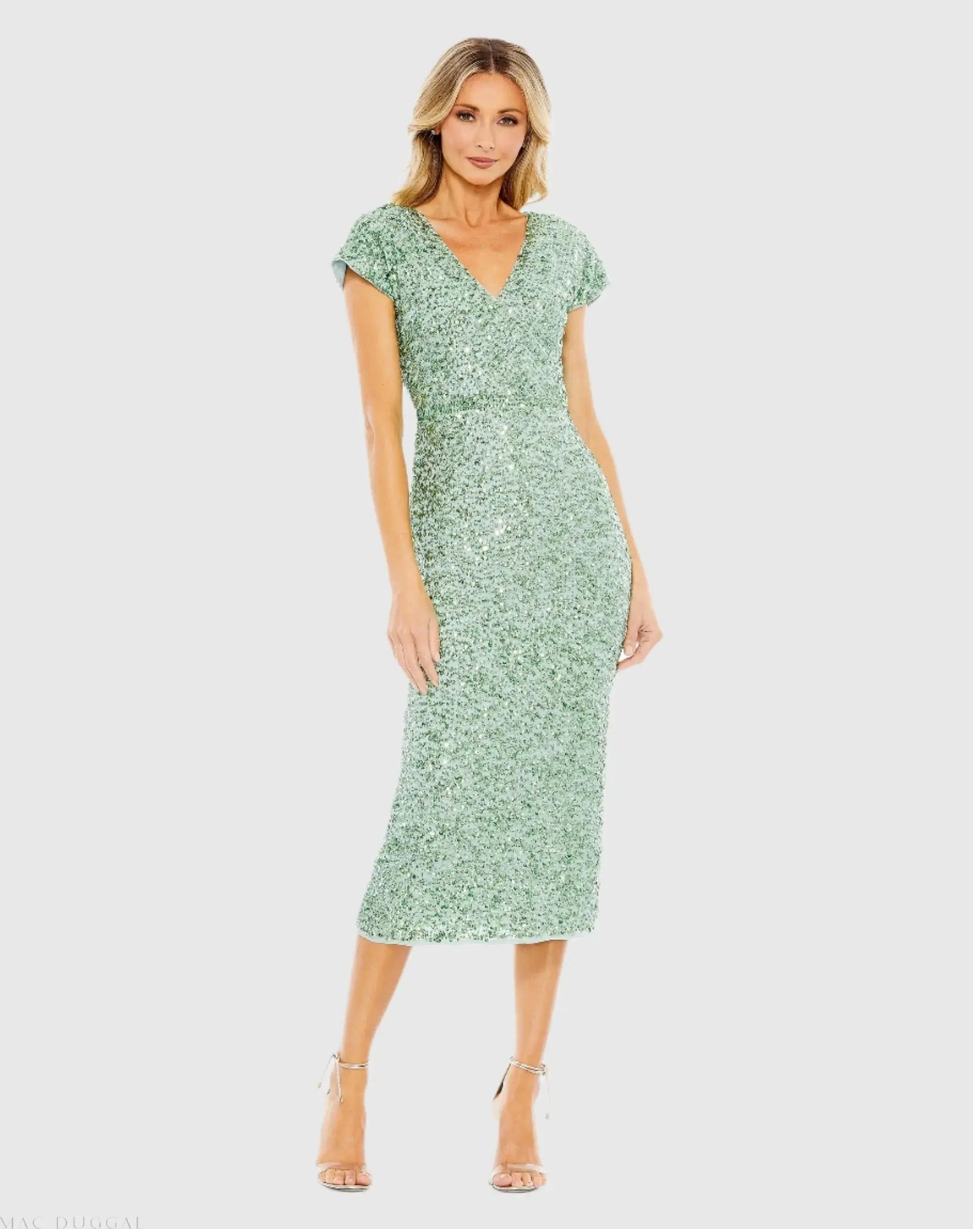 Green Sequined Cap Sleeve Wrap Over Cocktail Dress - Mac Duggal
