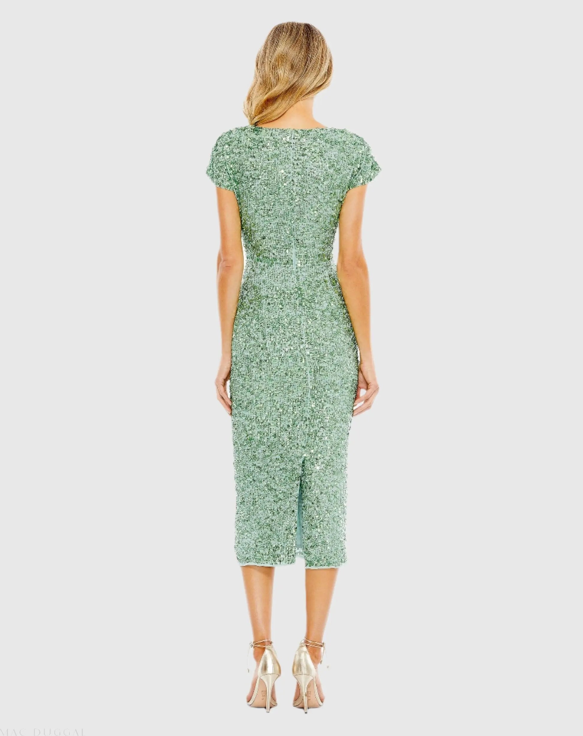 Green Sequined Cap Sleeve Wrap Over Cocktail Dress - Mac Duggal