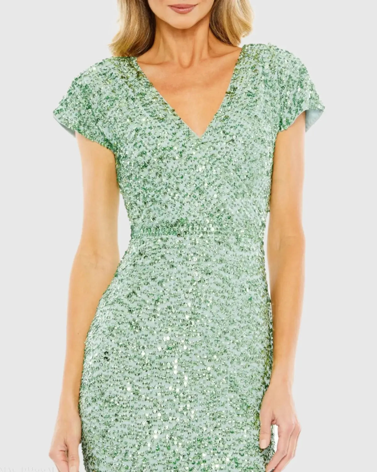 Green Sequined Cap Sleeve Wrap Over Cocktail Dress - Mac Duggal