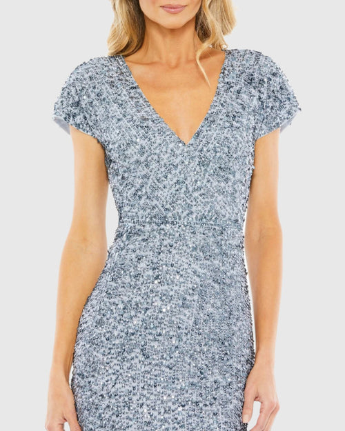 Sequined Short Sleeve Wrap Over Cocktail Dress