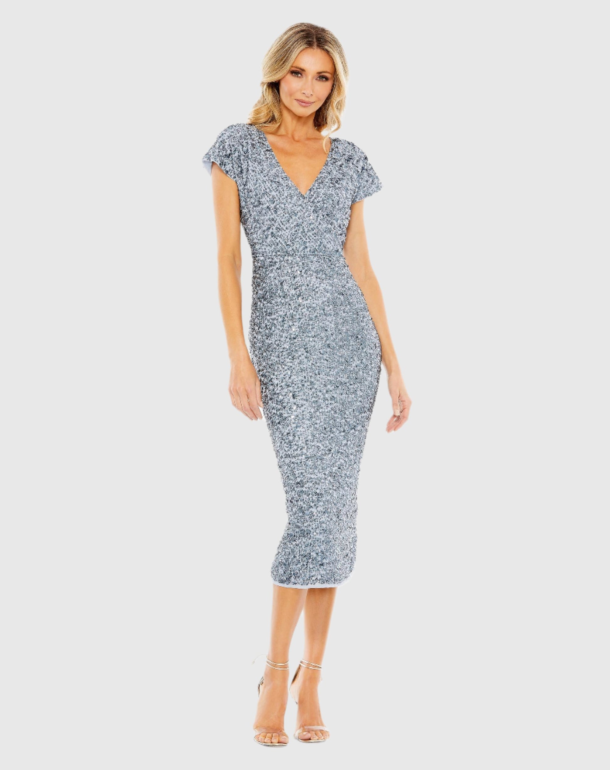 Sequined Short Sleeve Wrap Over Cocktail Dress