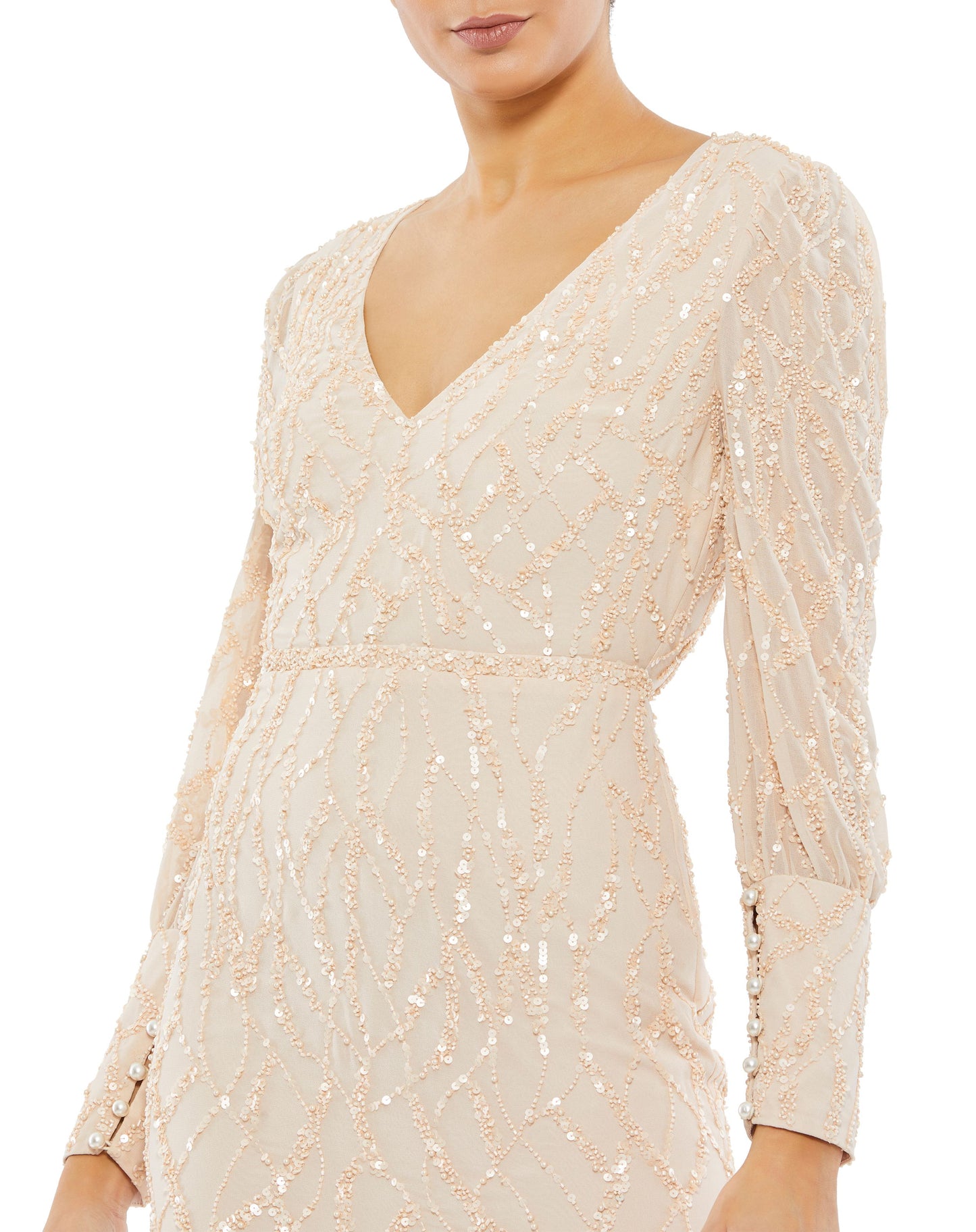 Sequined V Neck Illusion Long Sleeve Trumpet Dress | Sample | Sz. 2