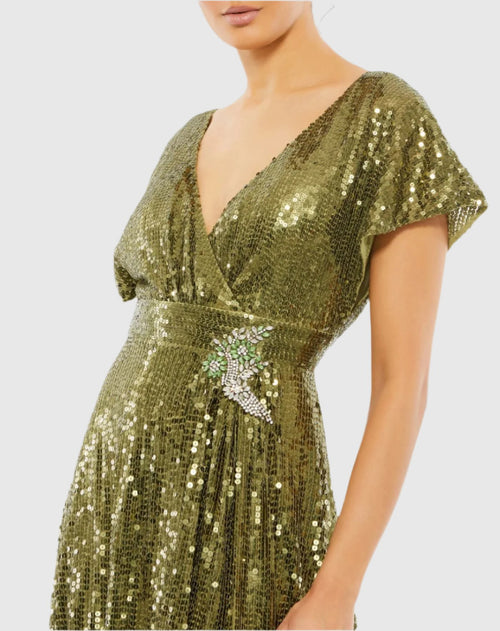 Sequined Butterfly Sleeve Wrap Over A Line Gown