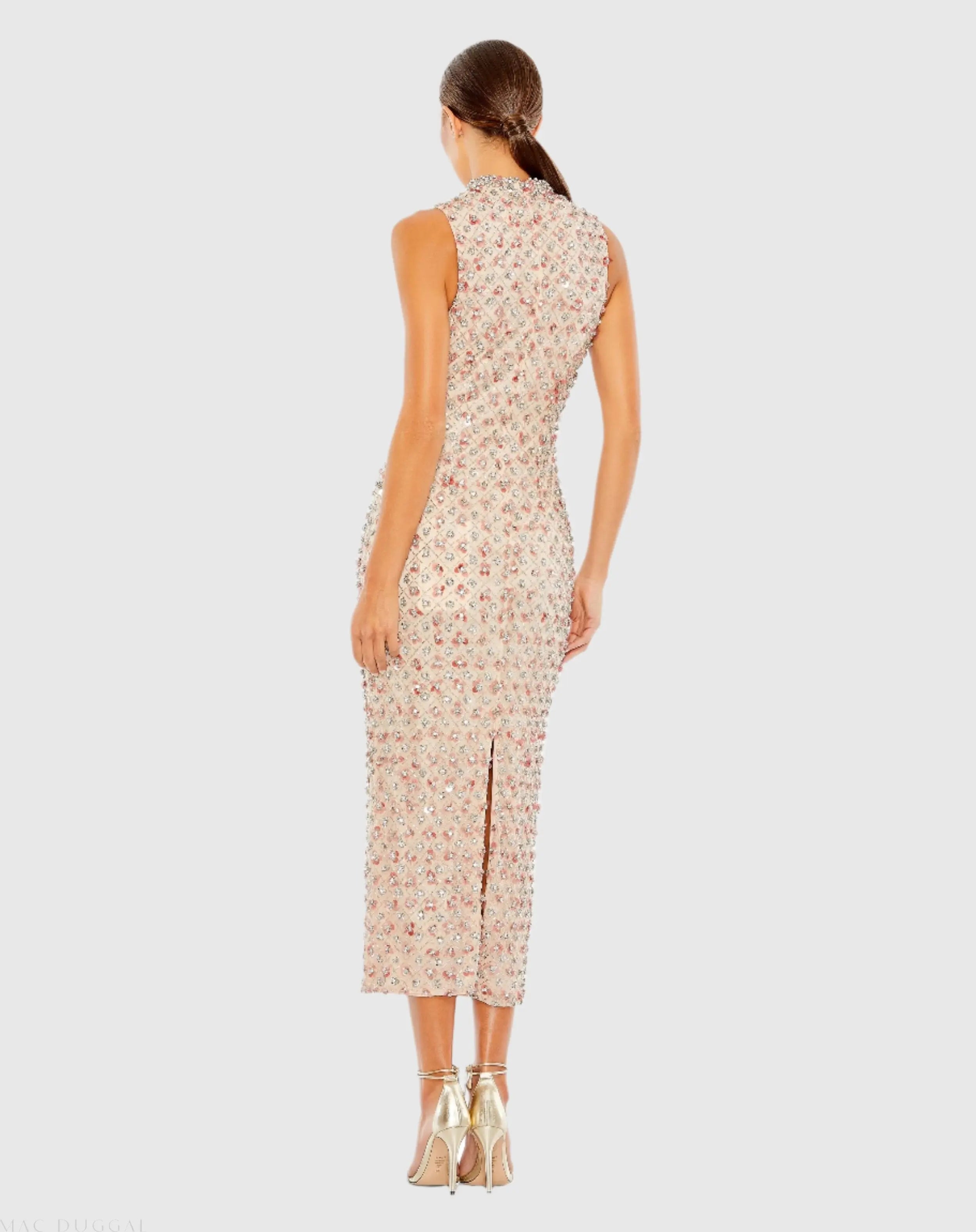 Pink Embellished High Neck Sleeveless Column Dress - Mac Duggal