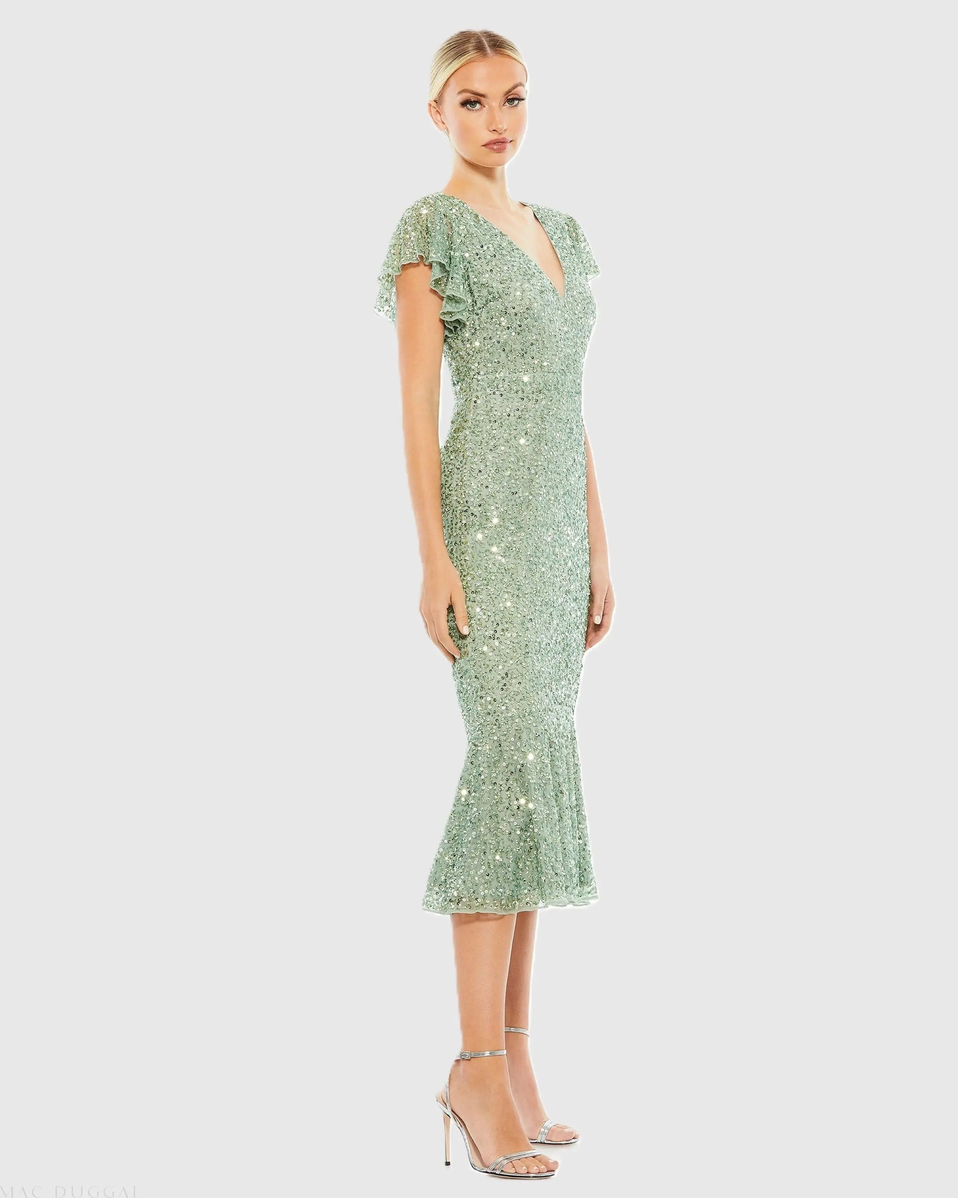 Green Sequined V Neck Flutter Cap Sleeve Trumpet Dress - Mac Duggal