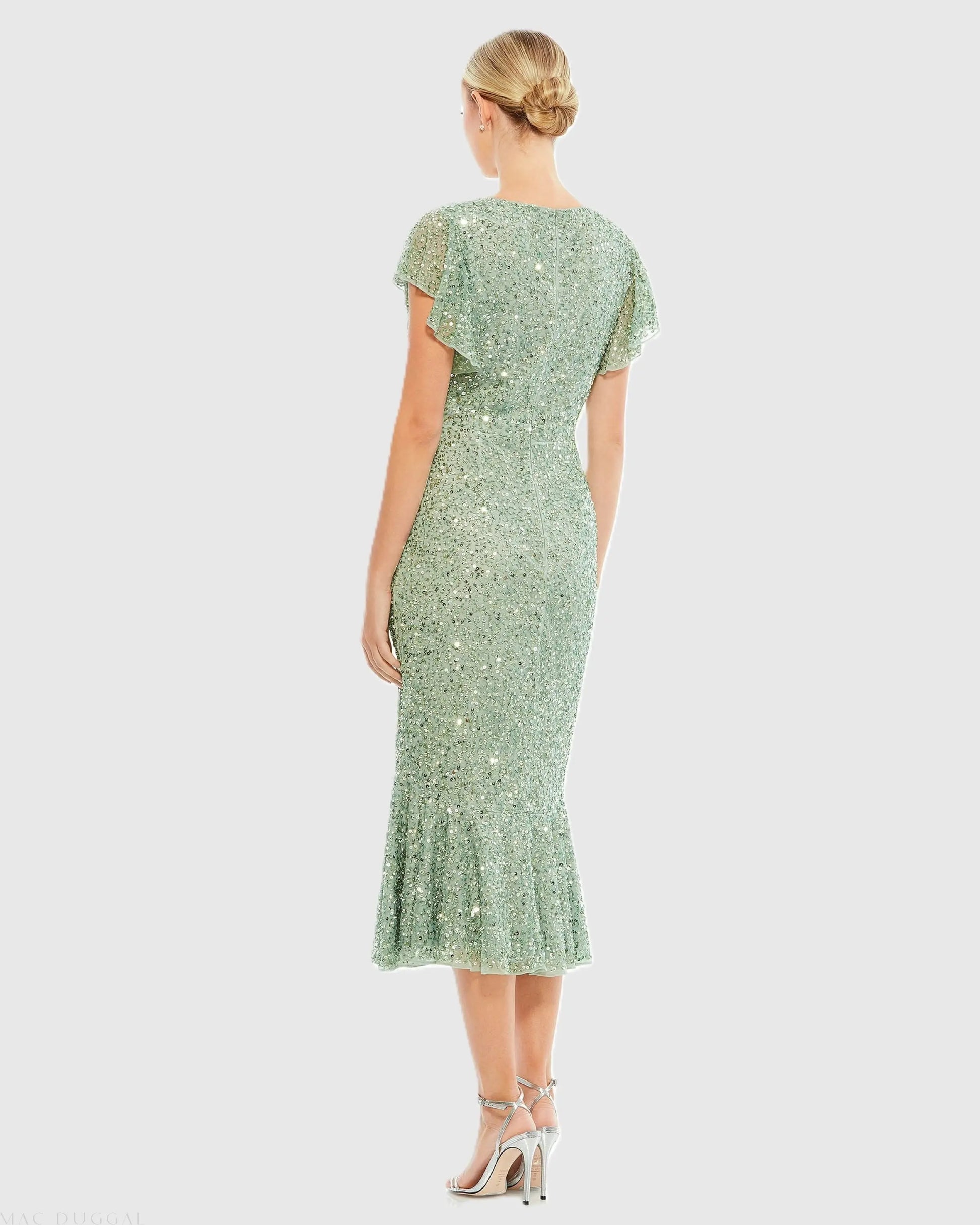 Green Sequined V Neck Flutter Cap Sleeve Trumpet Dress - Mac Duggal