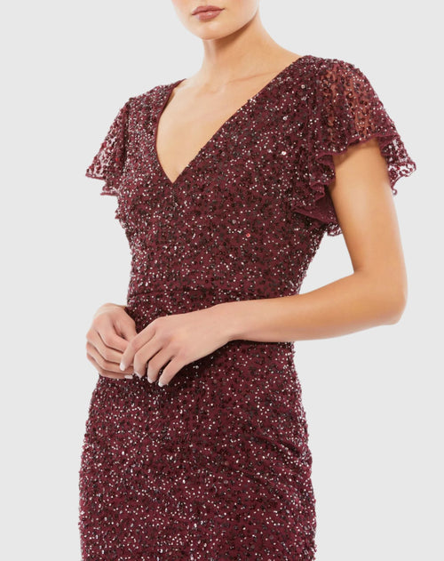 Sequined V Neck Flutter Cap Sleeve Trumpet Dress