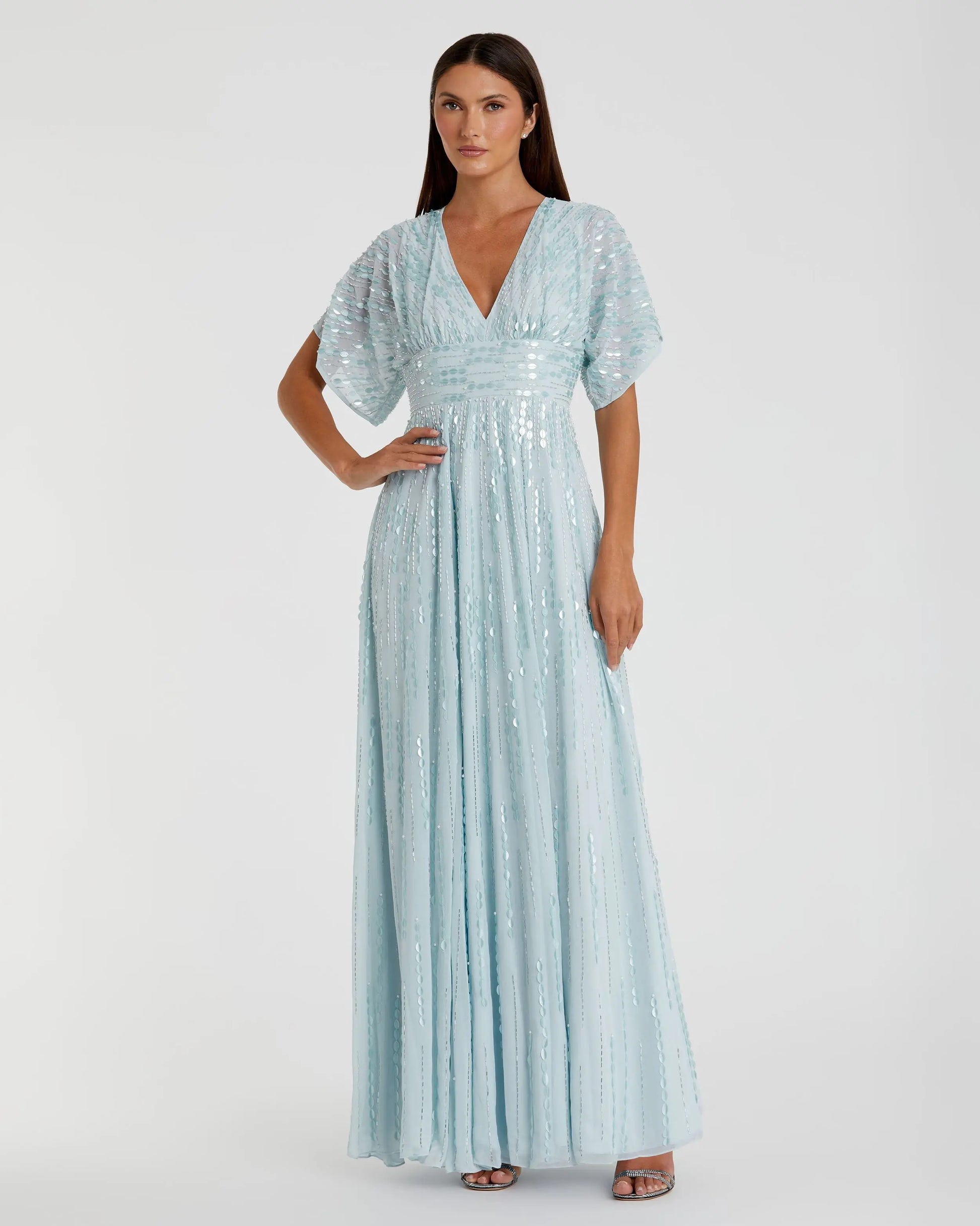 Blue Embellished V Neck Evening Gown - Mac Duggal Powder Blue / US 18 Blue Embellished V Neck Evening Gown - Mac Duggal Powder Blue / US 18