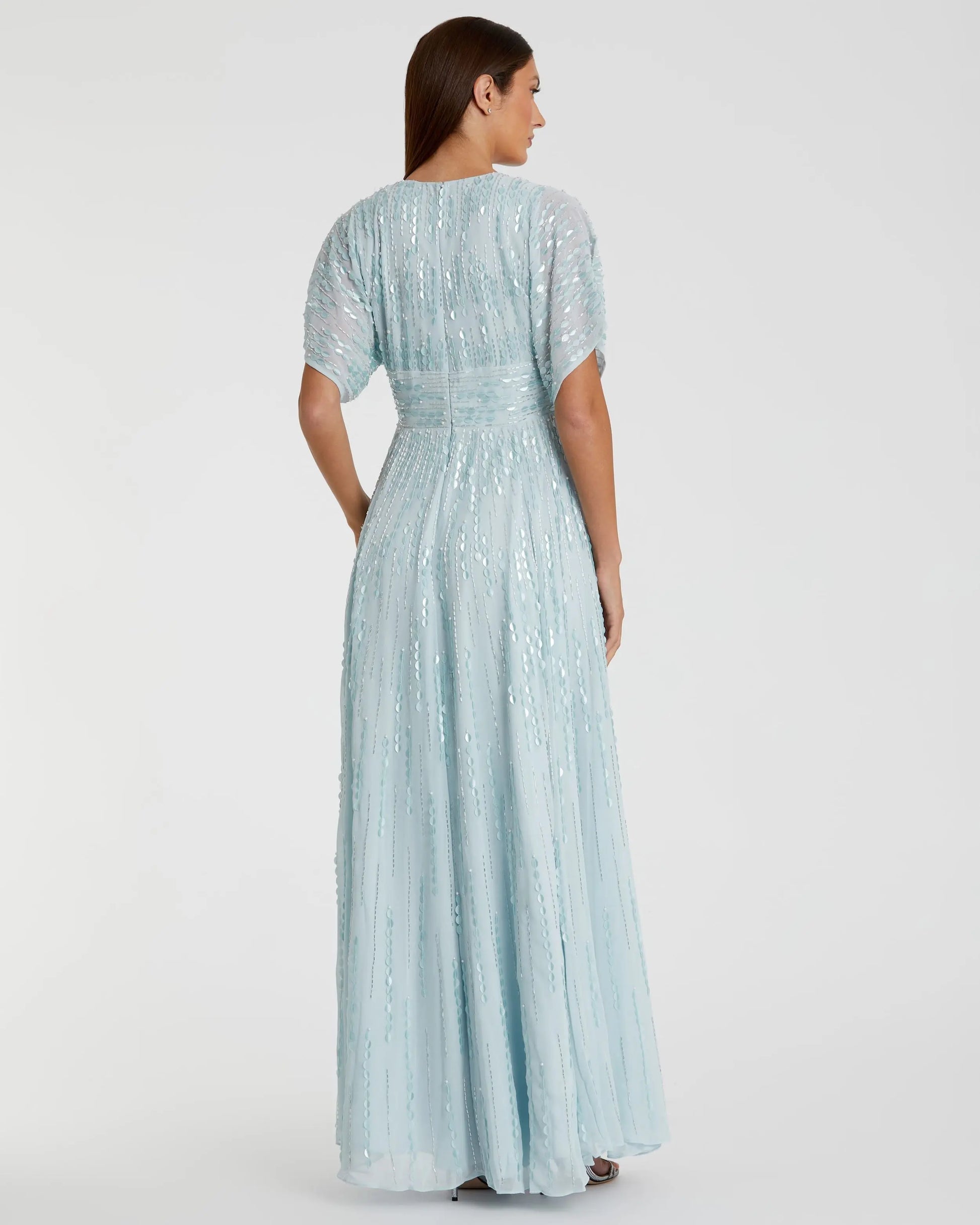 Blue Embellished V Neck Evening Gown - Mac Duggal Blue Embellished V Neck Evening Gown - Mac Duggal