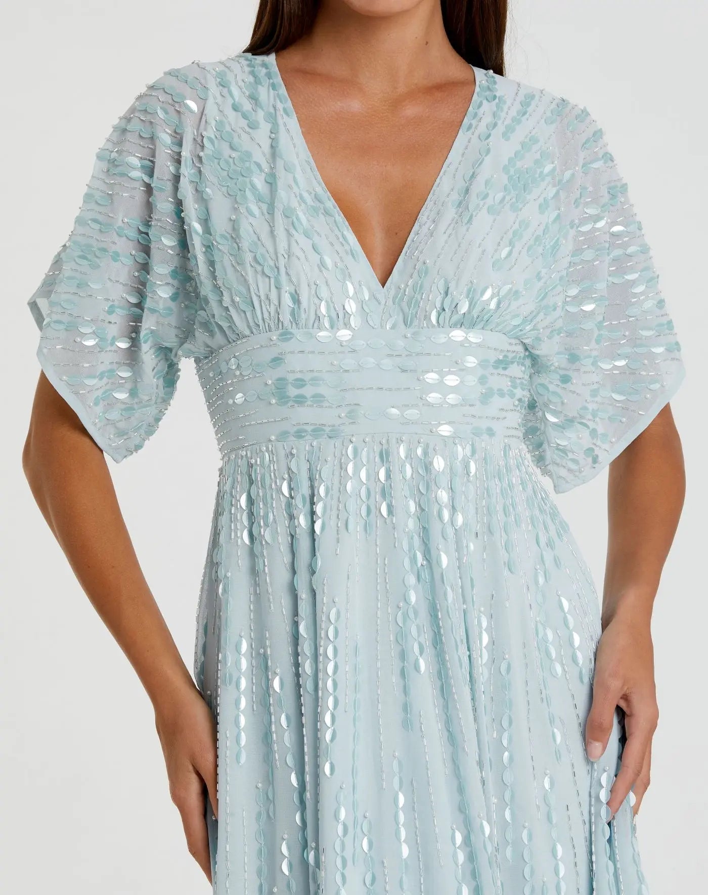 Blue Embellished V Neck Evening Gown - Mac Duggal Powder Blue / US 18 Blue Embellished V Neck Evening Gown - Mac Duggal Powder Blue / US 18