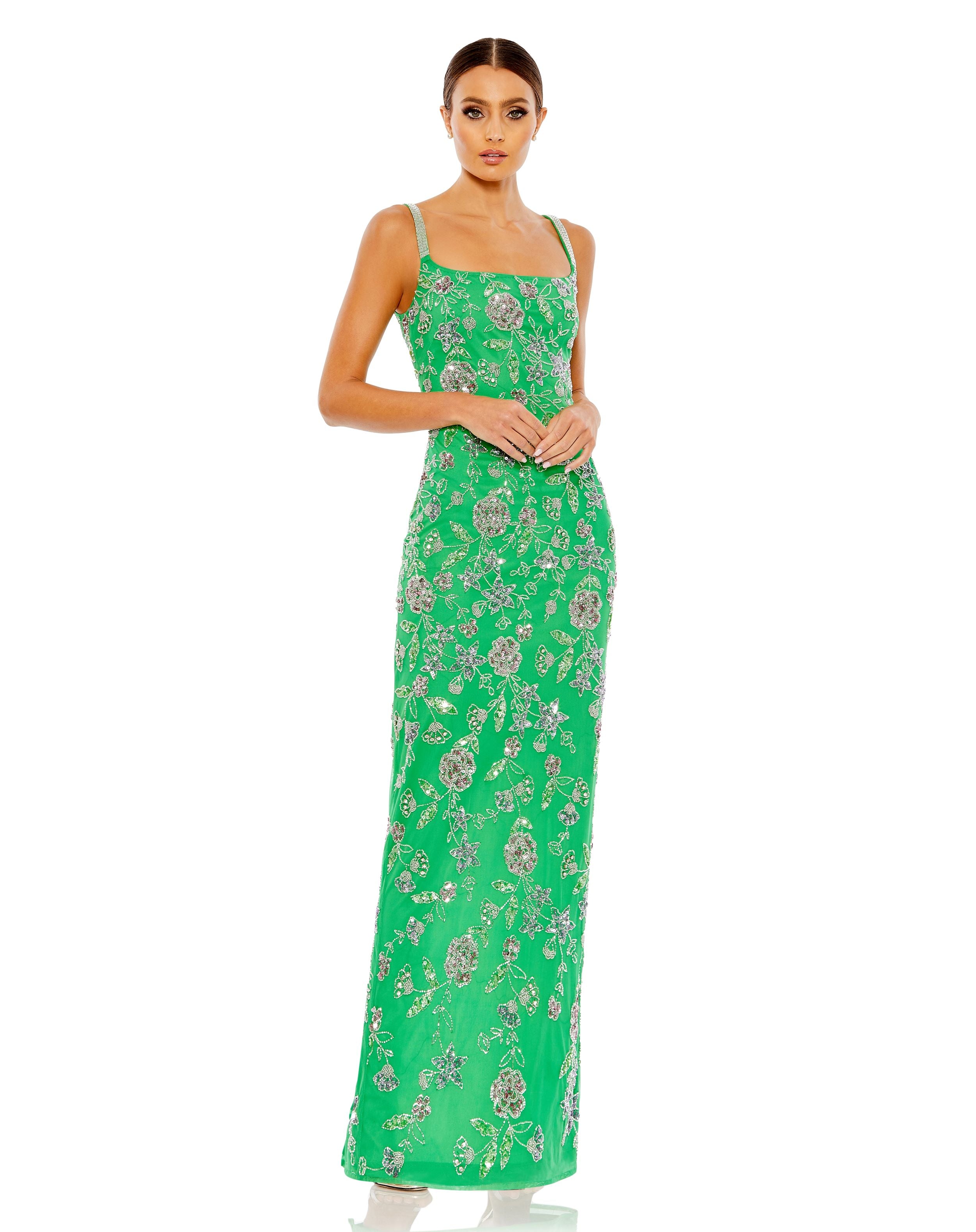 Hand Beaded Floral Gown with Beaded Spaghetti Straps