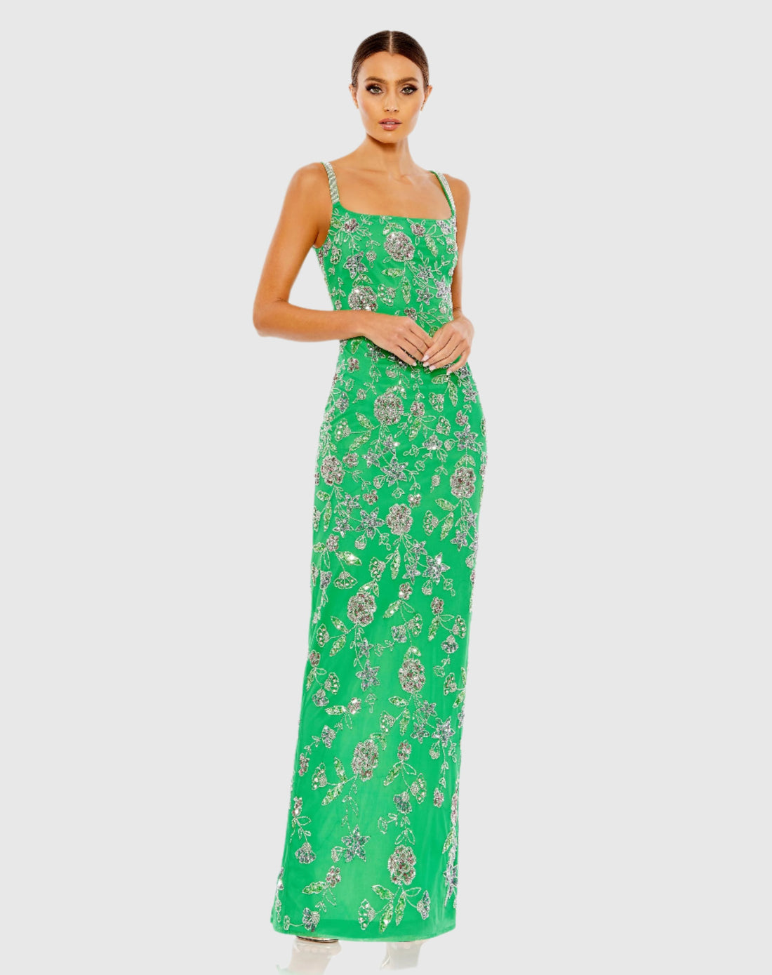 Hand Beaded Floral Gown with Beaded Spaghetti Straps