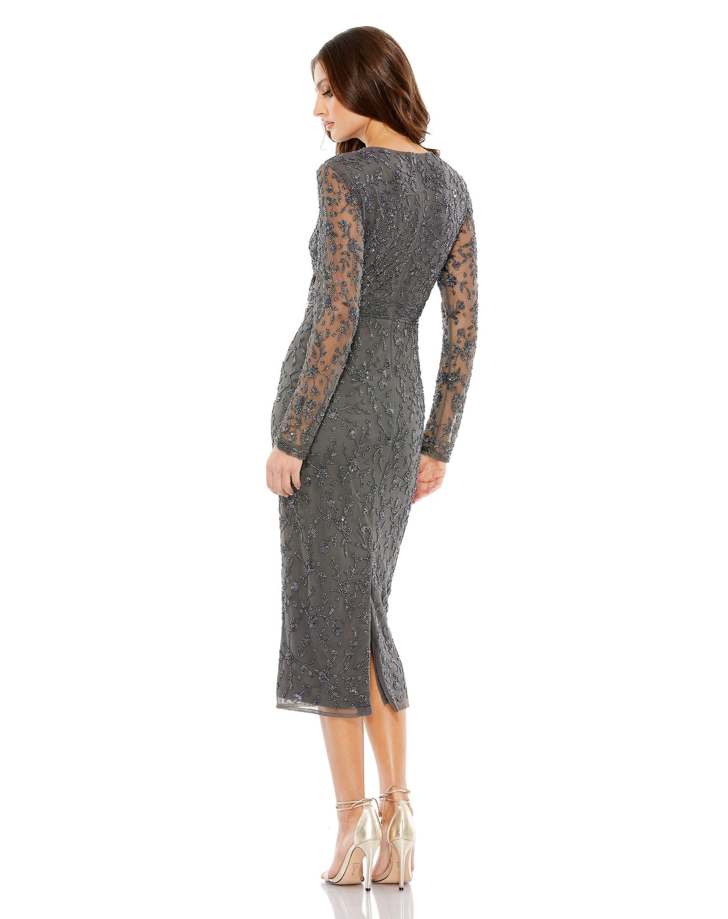 Beaded Tea Length Dress w/ Sheer Sleeves – Mac Duggal