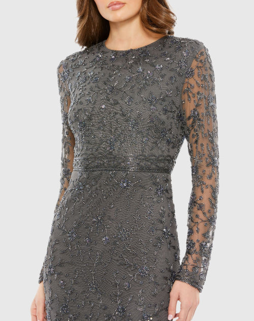 Gray Beaded Tea Length Dress w/ Sheer Sleeves