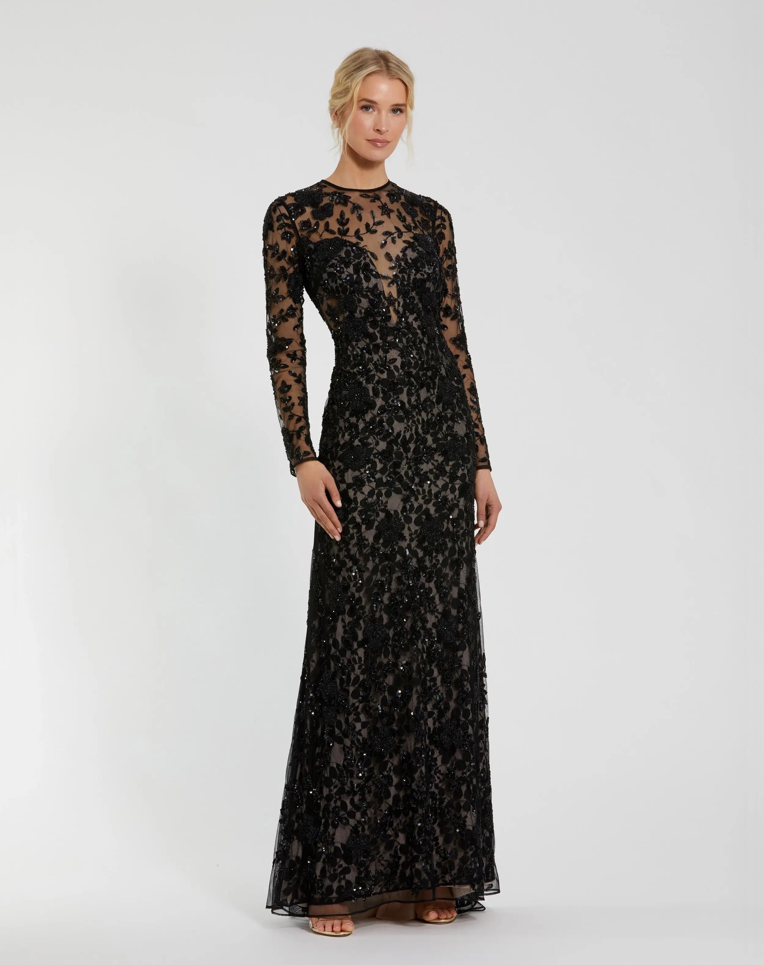 Black Long Sleeve Floral Embellished Gown - Mac Duggal
