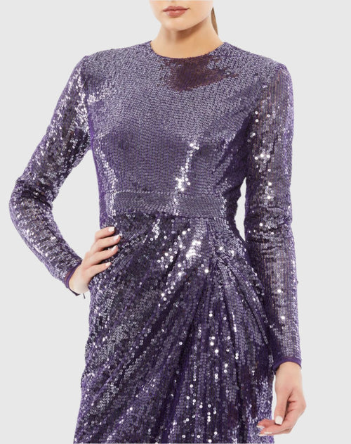 Sequined High Neck Long Sleeve Draped Gown