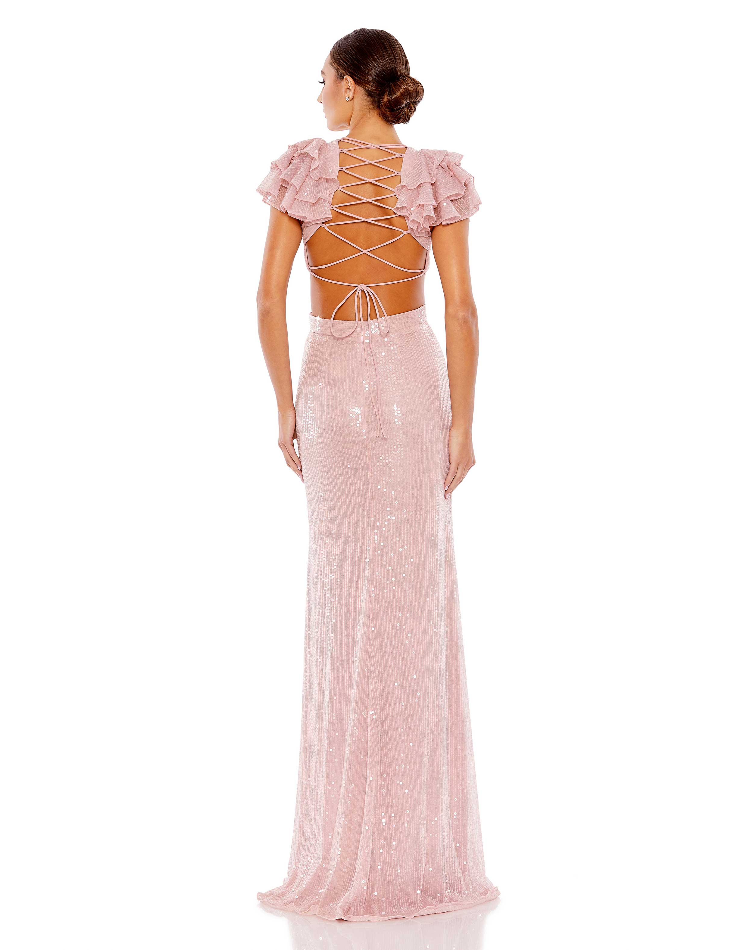 Sequined Ruffled Cut Out Lace Up Gown