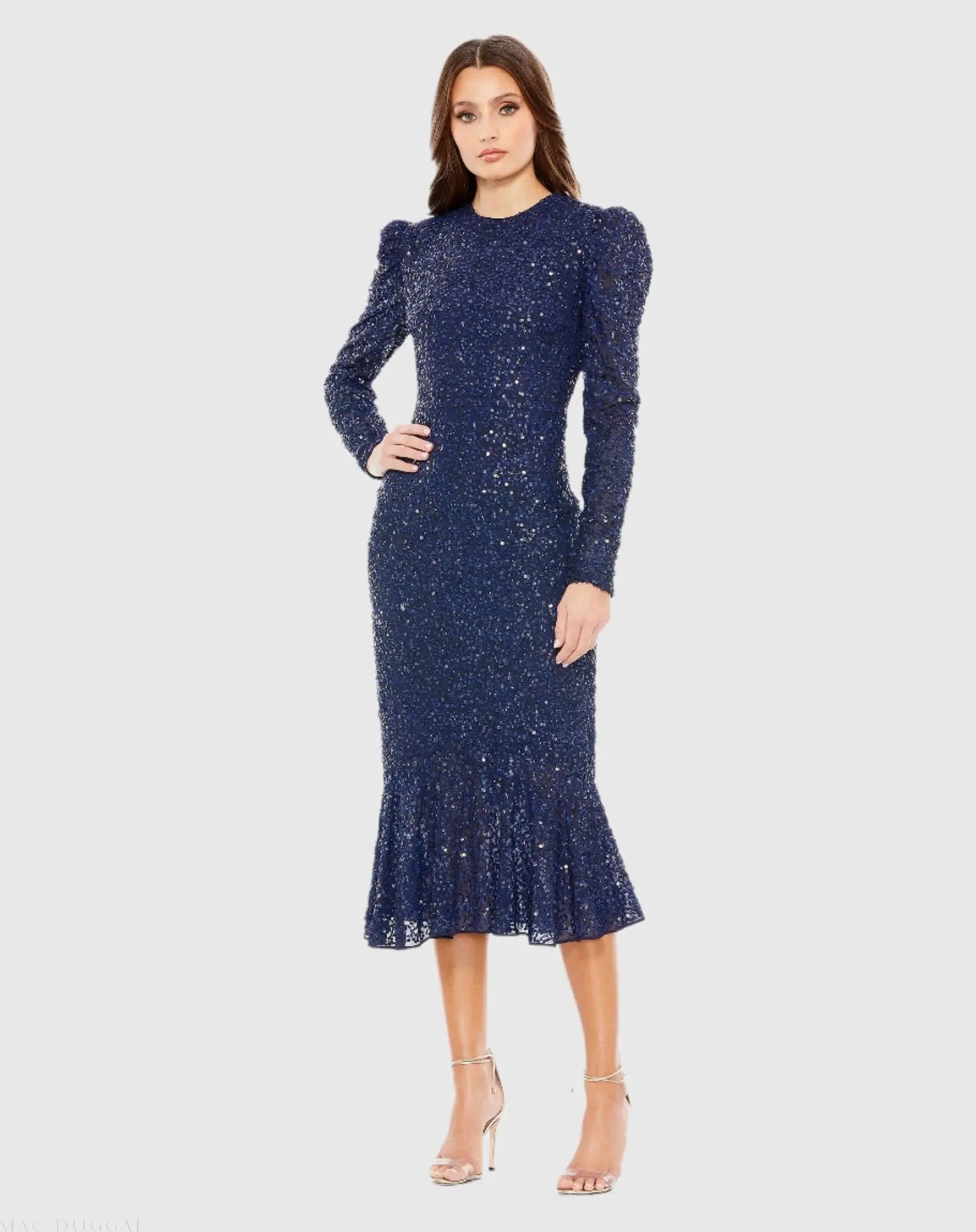 Blue Sequined Long Sleeve High Neck Trumpet Dress - Mac Duggal