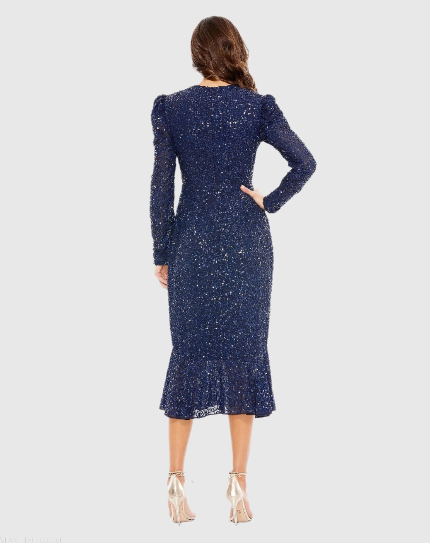 Blue Sequined Long Sleeve High Neck Trumpet Dress - Mac Duggal
