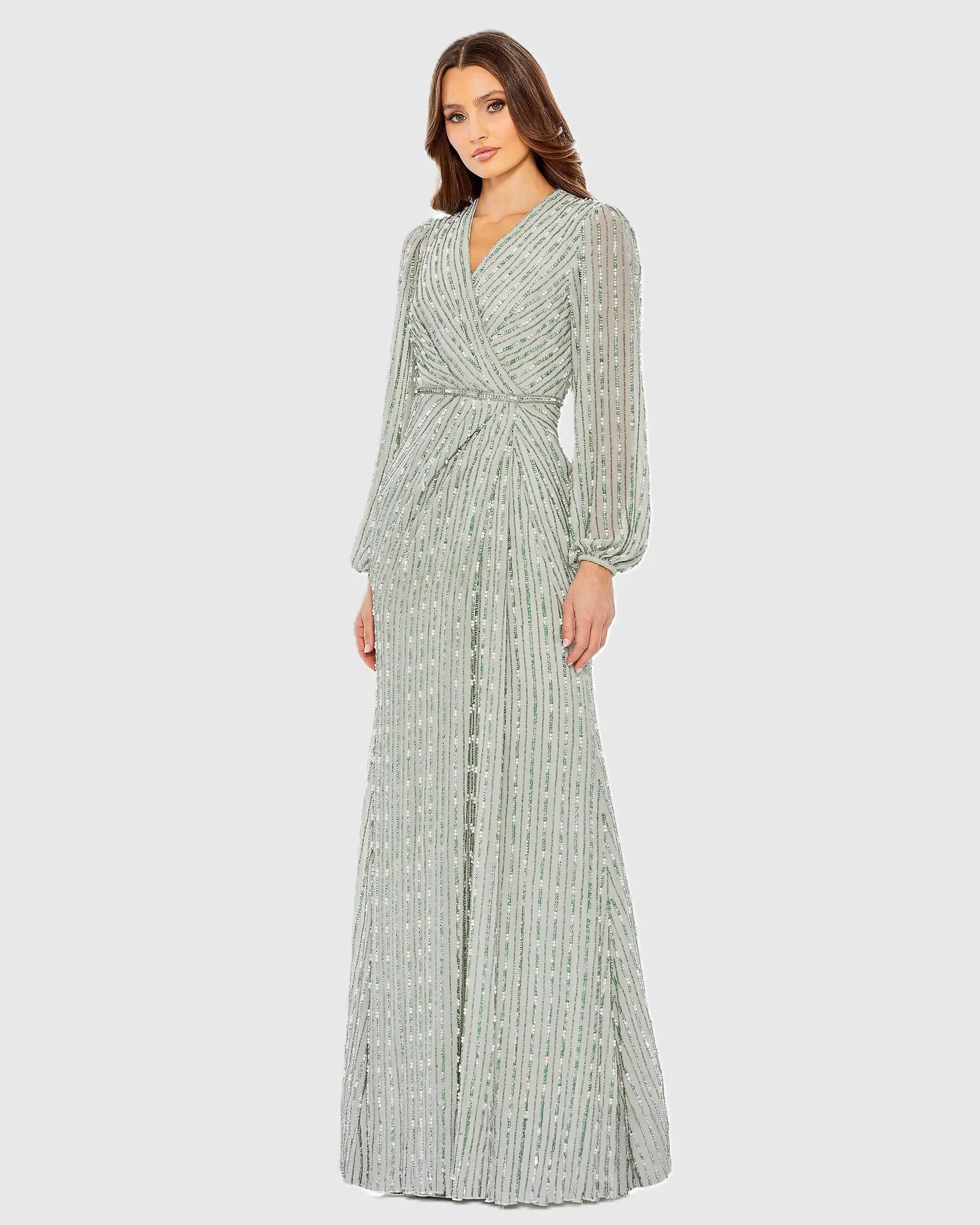 Green Beaded Bishop Sleeve Wrap Gown Mac Duggal