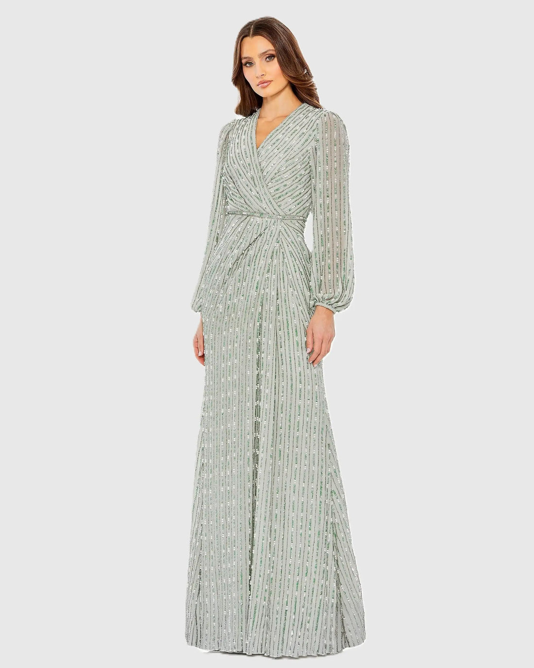 Green Beaded Bishop Sleeve Wrap Gown Mac Duggal