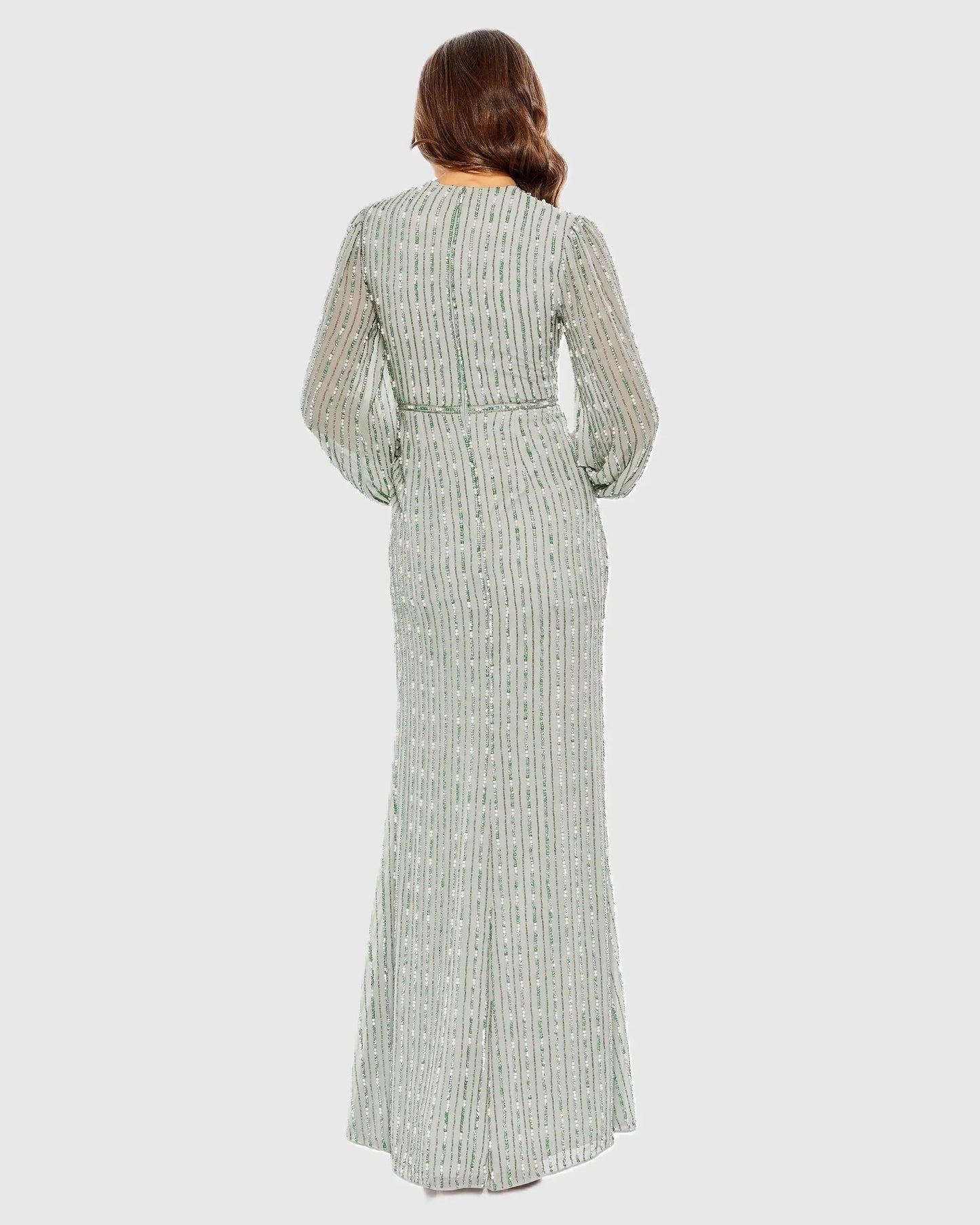 Green Beaded Bishop Sleeve Wrap Gown Mac Duggal