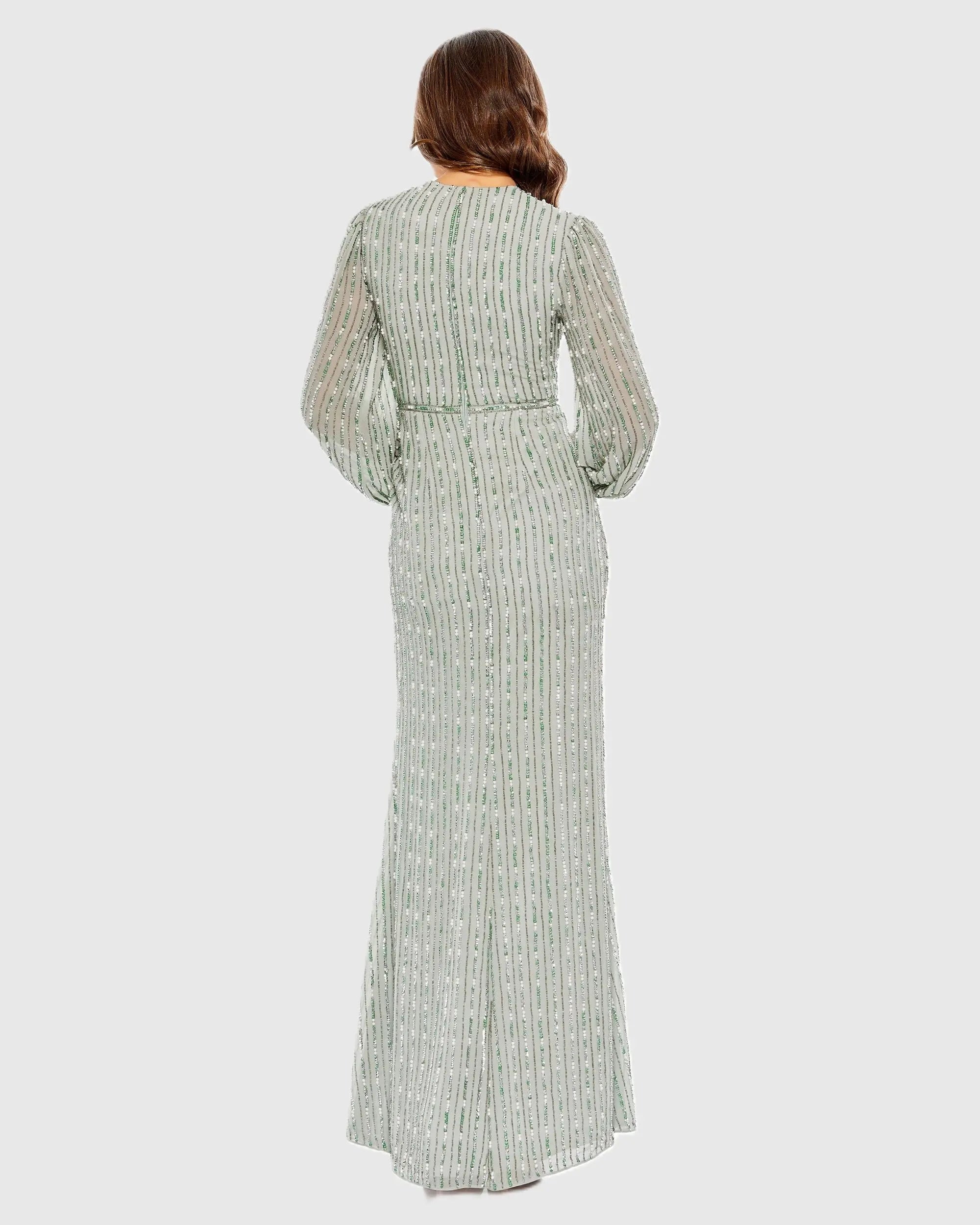 Green Beaded Bishop Sleeve Wrap Gown Mac Duggal