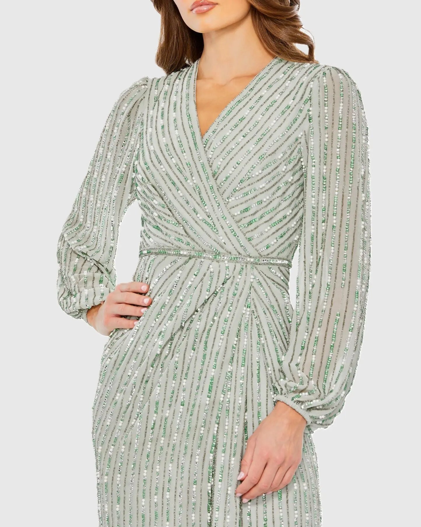 Green Beaded Bishop Sleeve Wrap Gown Mac Duggal