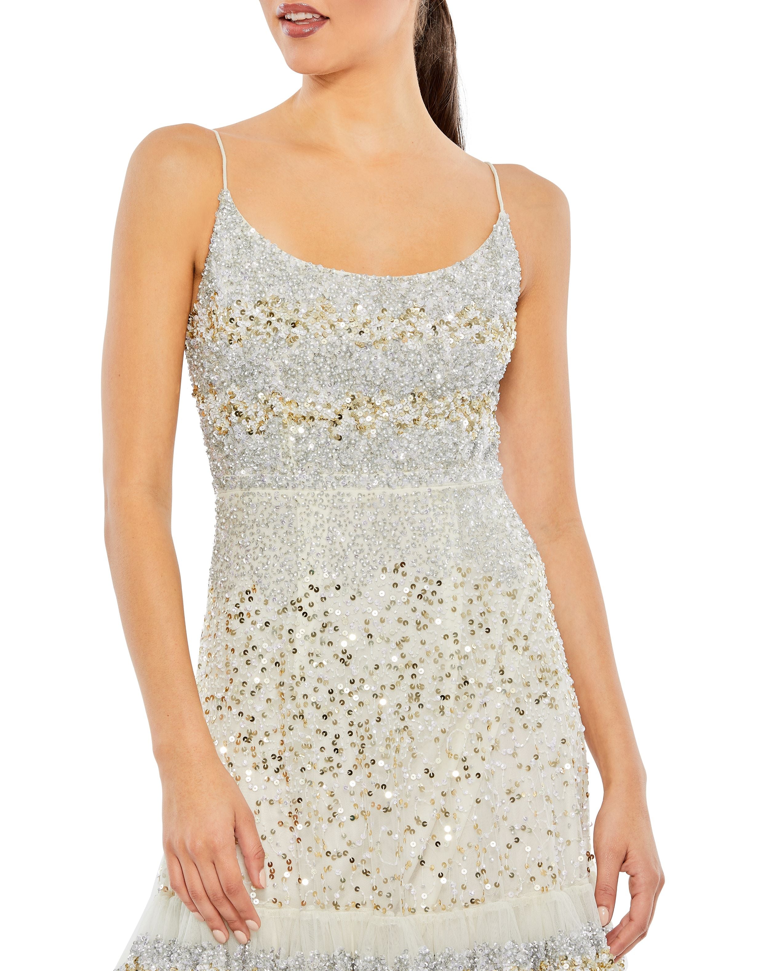 Embellished Scoop Neck Tiered Gown