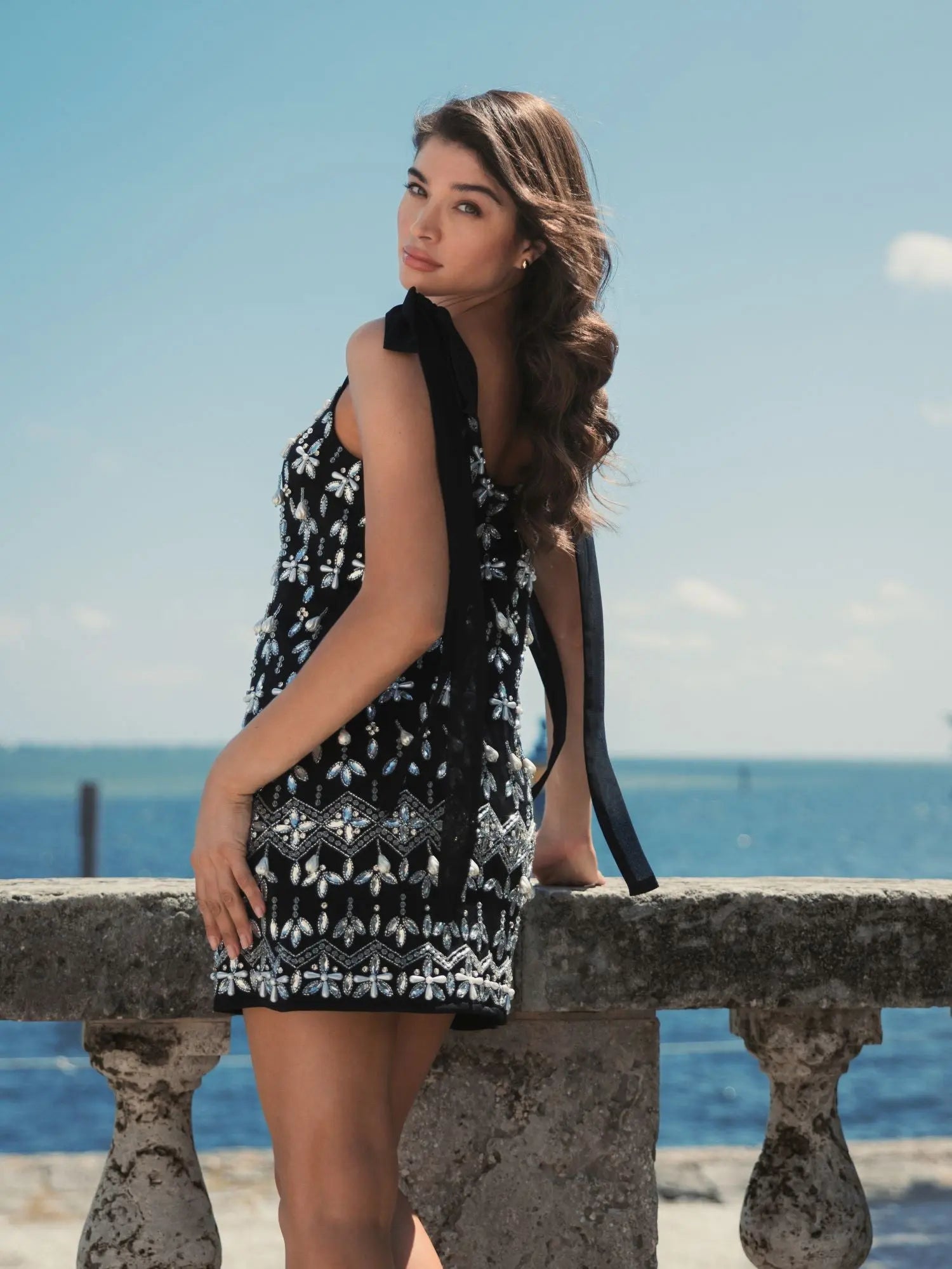 Black Jewel Encrusted Soft Tie Sleeveless Dress - Mac Duggal