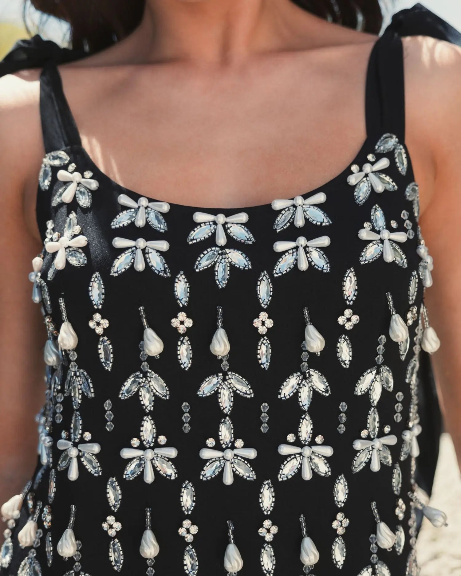 Black Jewel Encrusted Soft Tie Sleeveless Dress - Mac Duggal