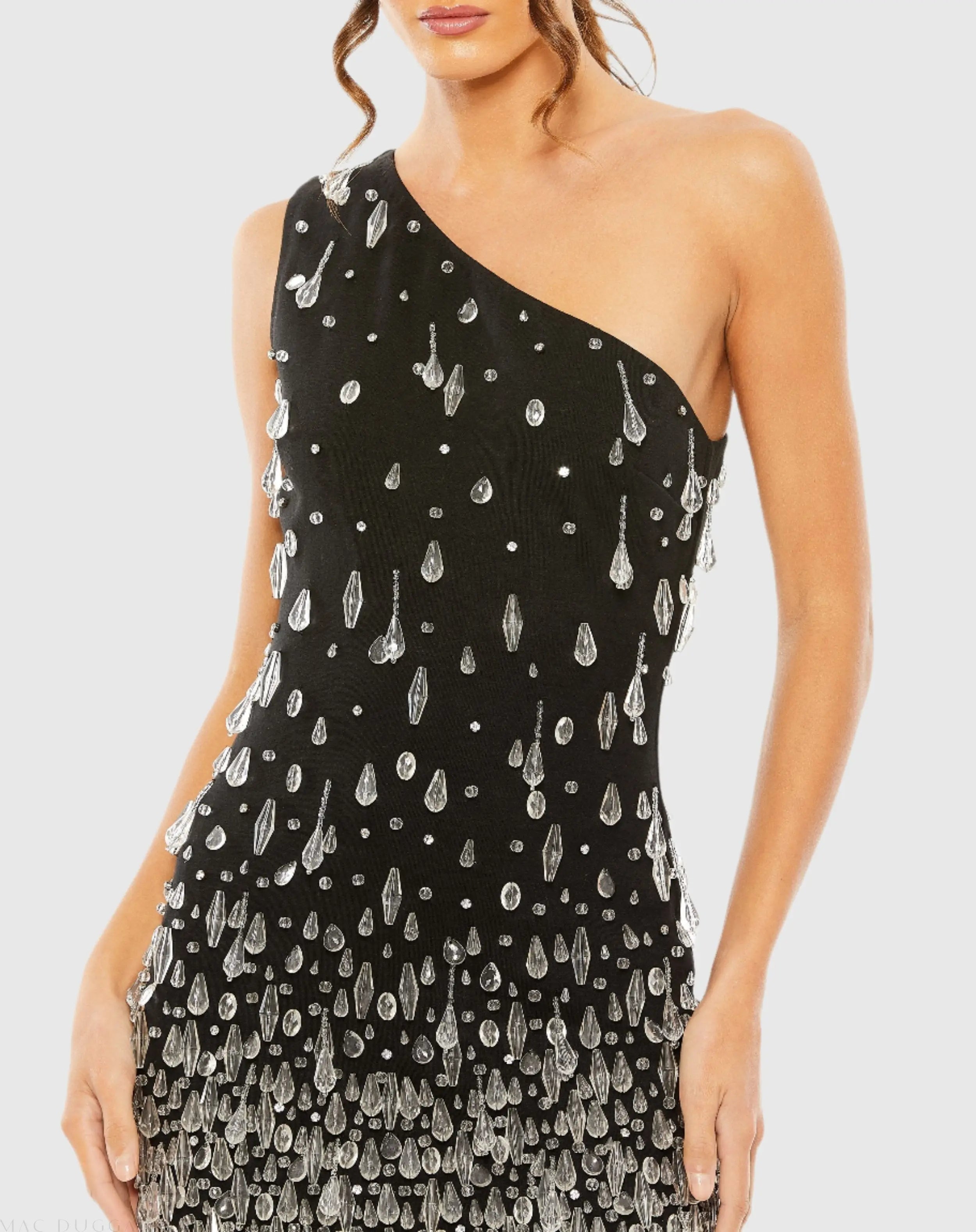 Black One Shoulder Crystal Drop Dress - Mac Duggal