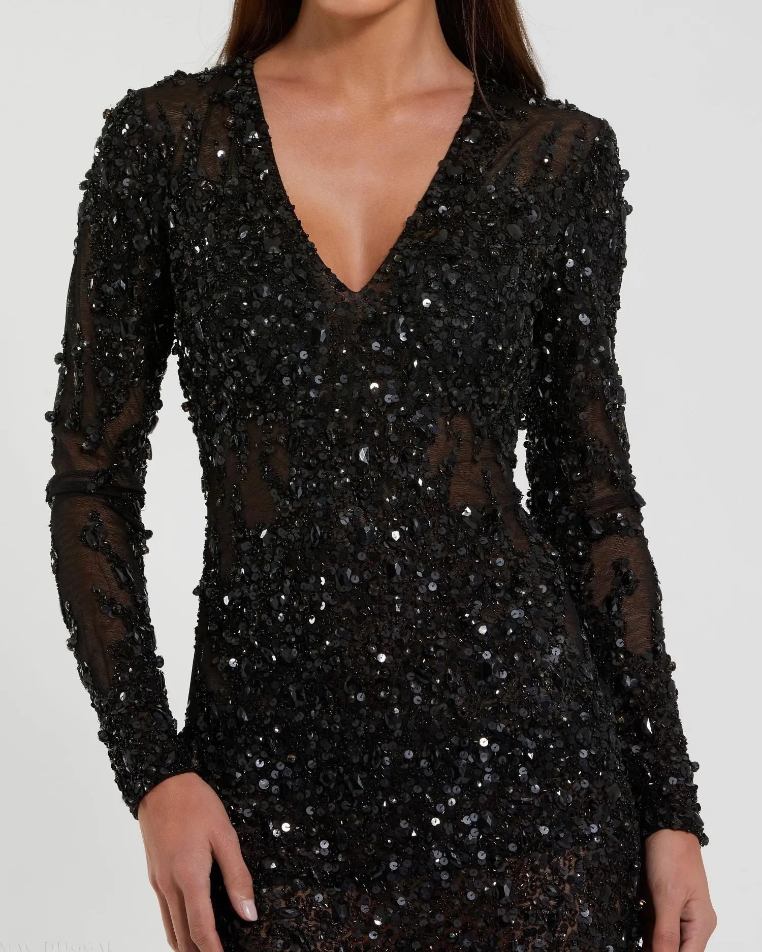 Black Long Sleeve Sheer Embellished Mini Dress | Mac Duggal Black Long Sleeve Sheer Embellished Mini Dress | Mac Duggal
