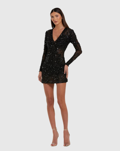 Long Sleeve Sheer Embellished Mini Dress