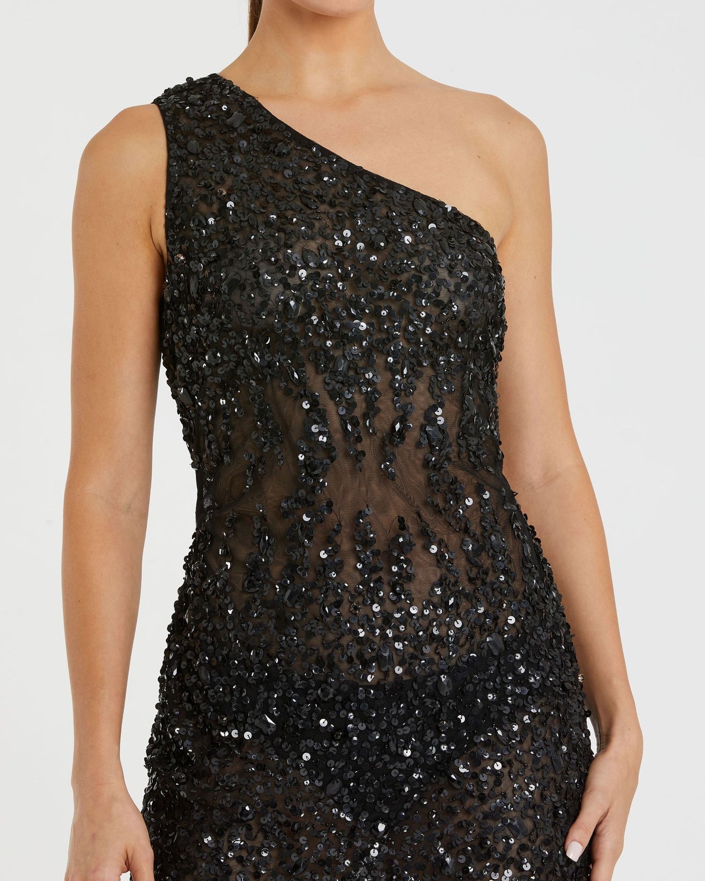 One Shoulder Sheer Hand Beaded Mini Dress