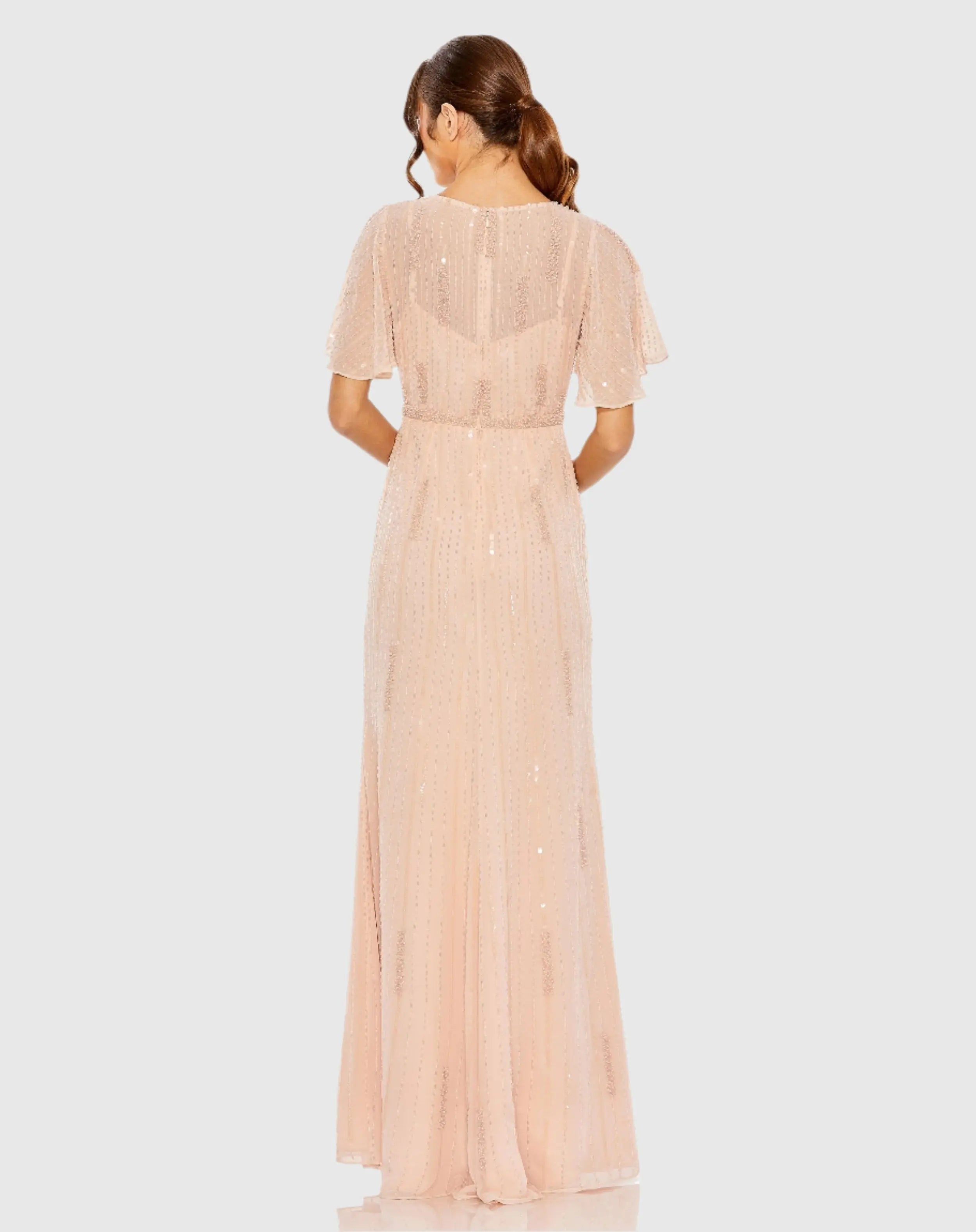 Pink High Neck Flutter Sleeve Embellished Gown - Mac Duggal