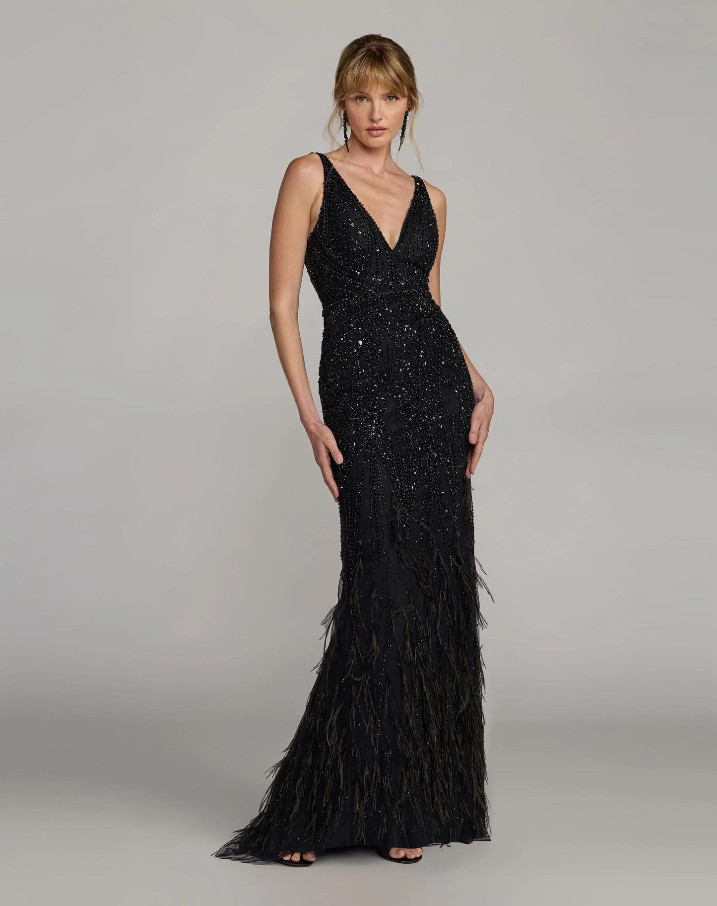 Black Embellished V-Neck Gown With Feather Hem - Mac Duggal