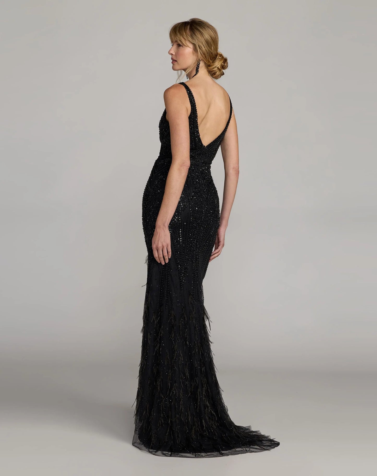 Black Embellished V-Neck Gown With Feather Hem - Mac Duggal