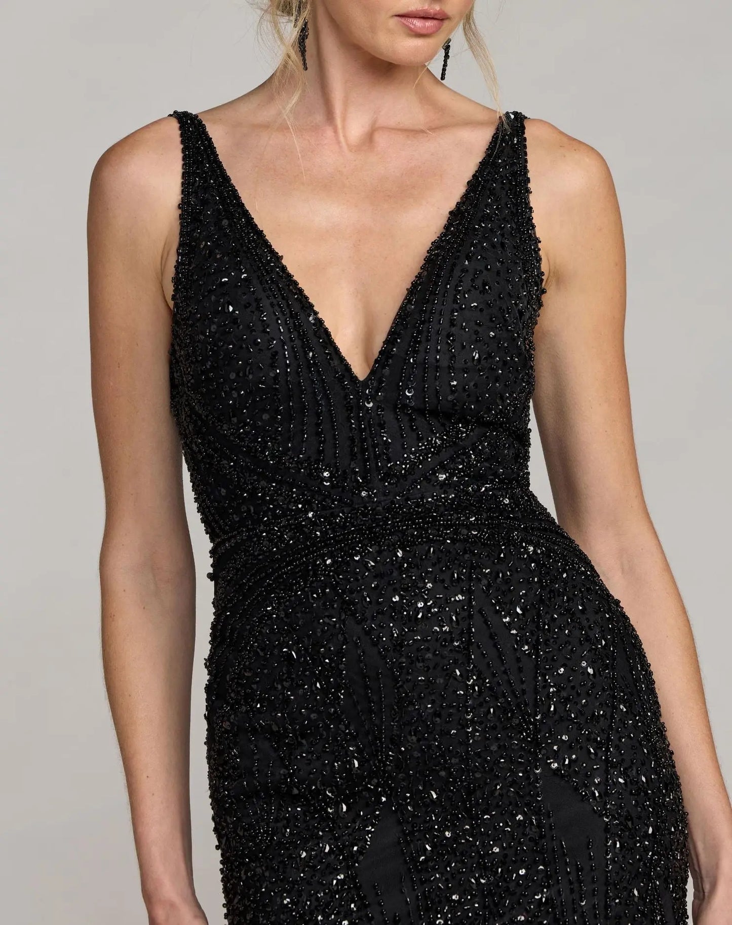 Black Embellished V-Neck Gown With Feather Hem - Mac Duggal