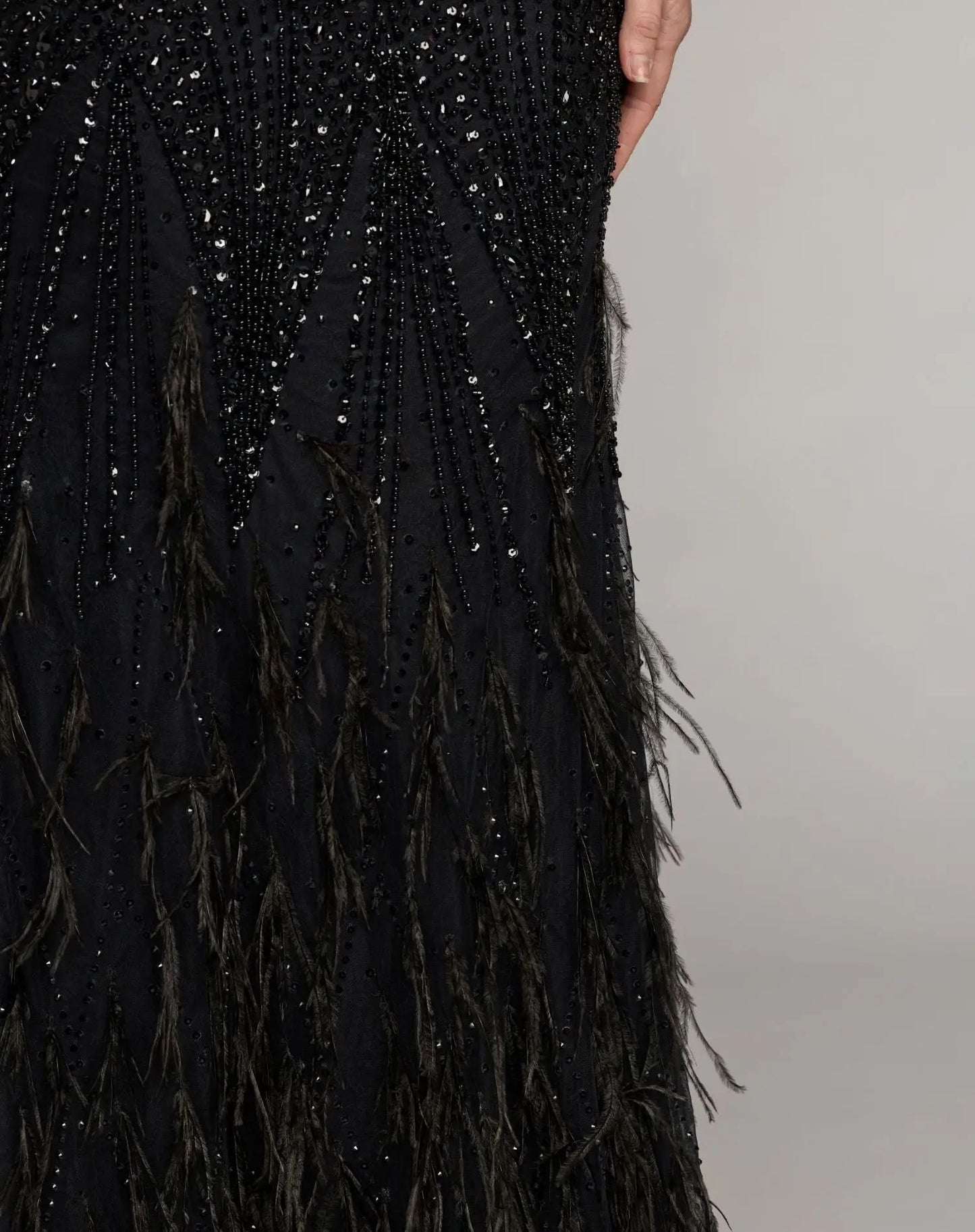 Black Embellished V-Neck Gown With Feather Hem - Mac Duggal