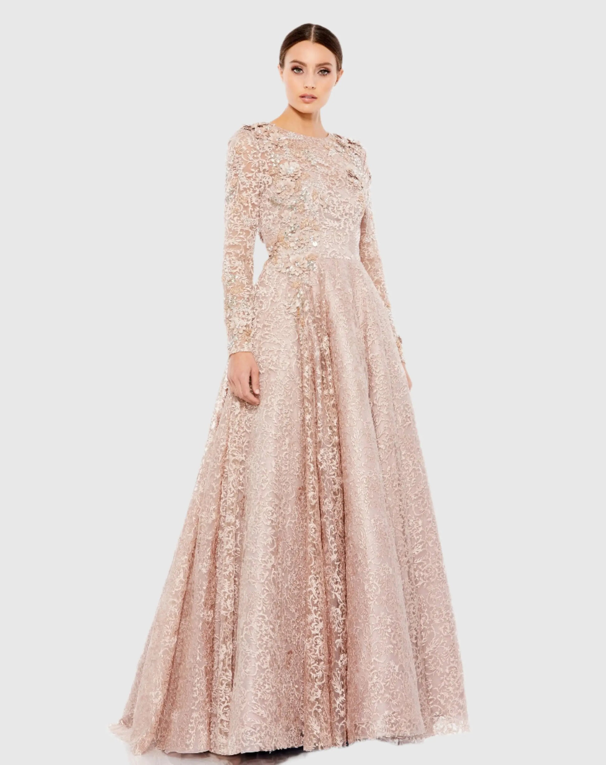 mac duggal pink dress long sleeve Pink Crepe 3/4 Sleeve A-line Gown With Flower Trim