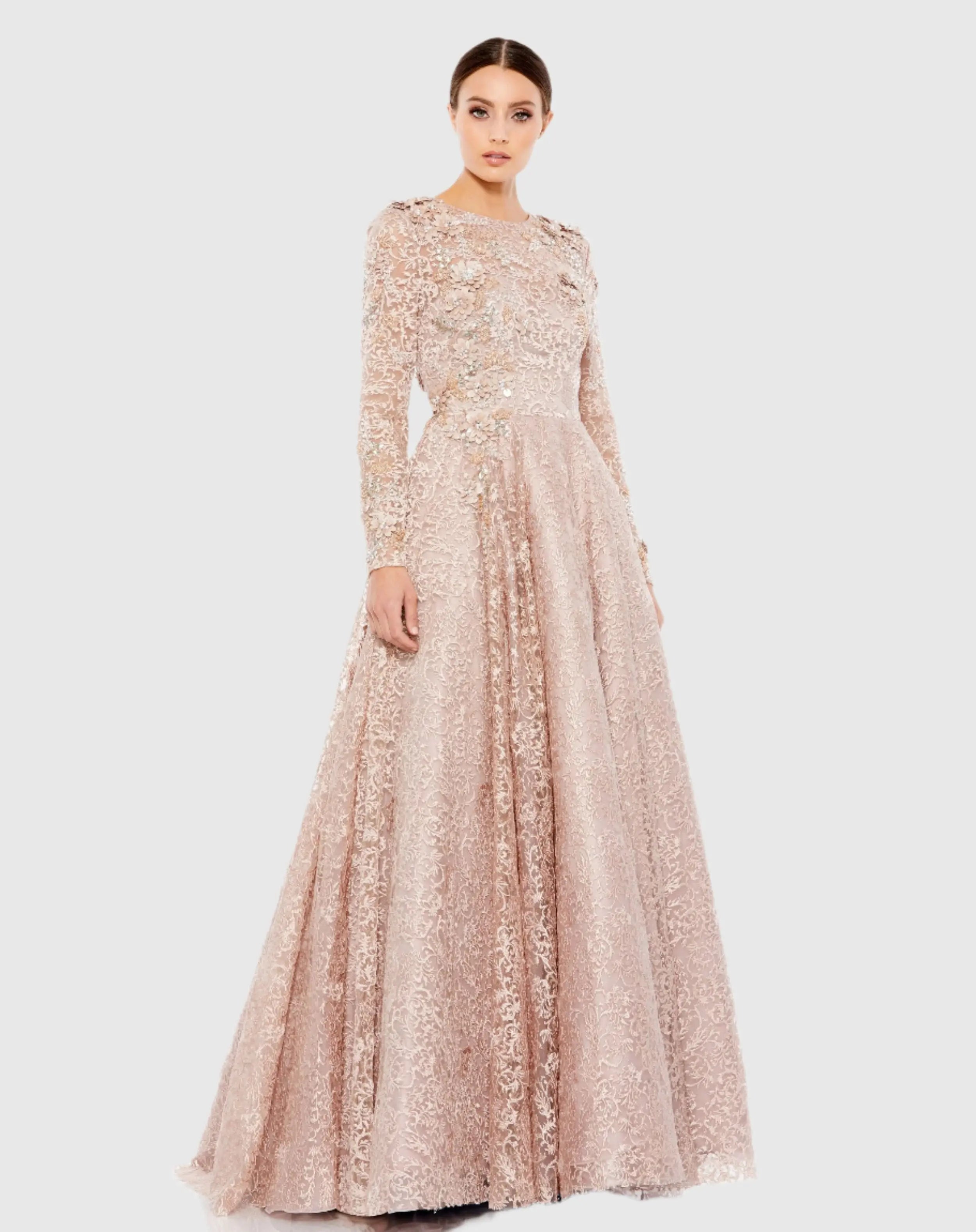 Pink Embellished Illusion Long Sleeve A Line Gown - Mac Duggal
