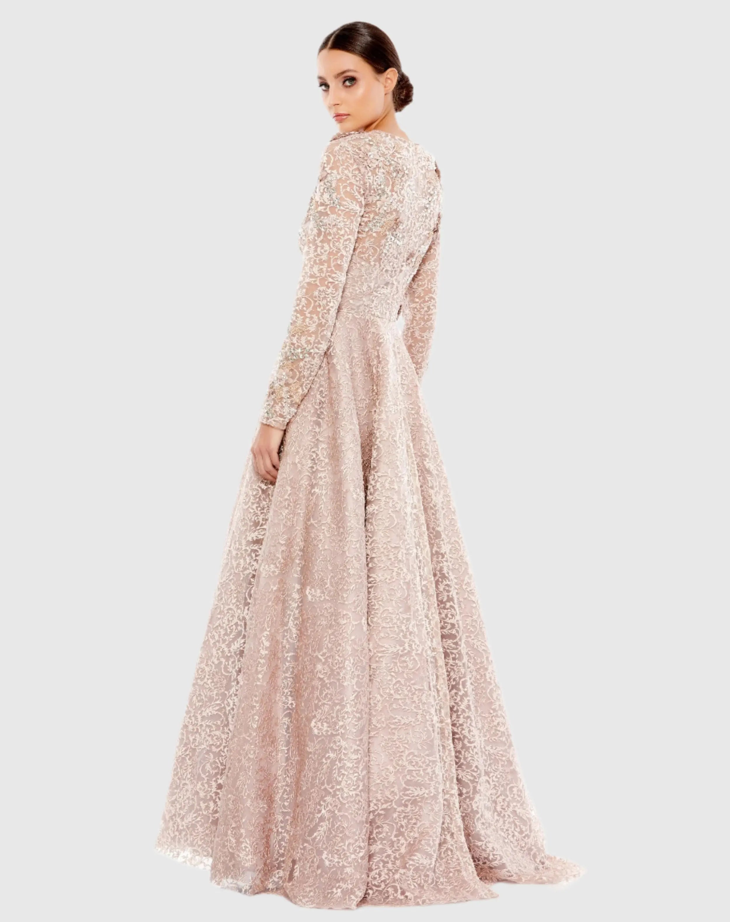 Pink Embellished Illusion Long Sleeve A Line Gown - Mac Duggal