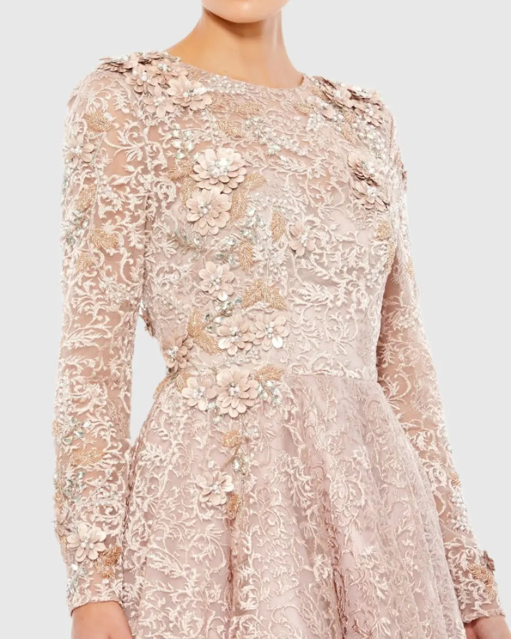 mac duggal embellished illusion long sleeve dress Beige Embellished Illusion High Neck Long Sleeve Gown