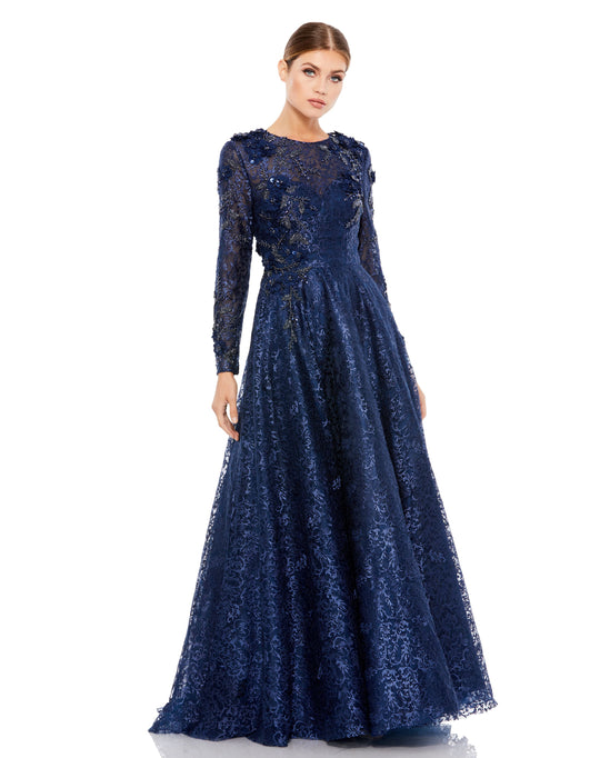 Embellished Illusion Long Sleeve A Line Gown – Mac Duggal