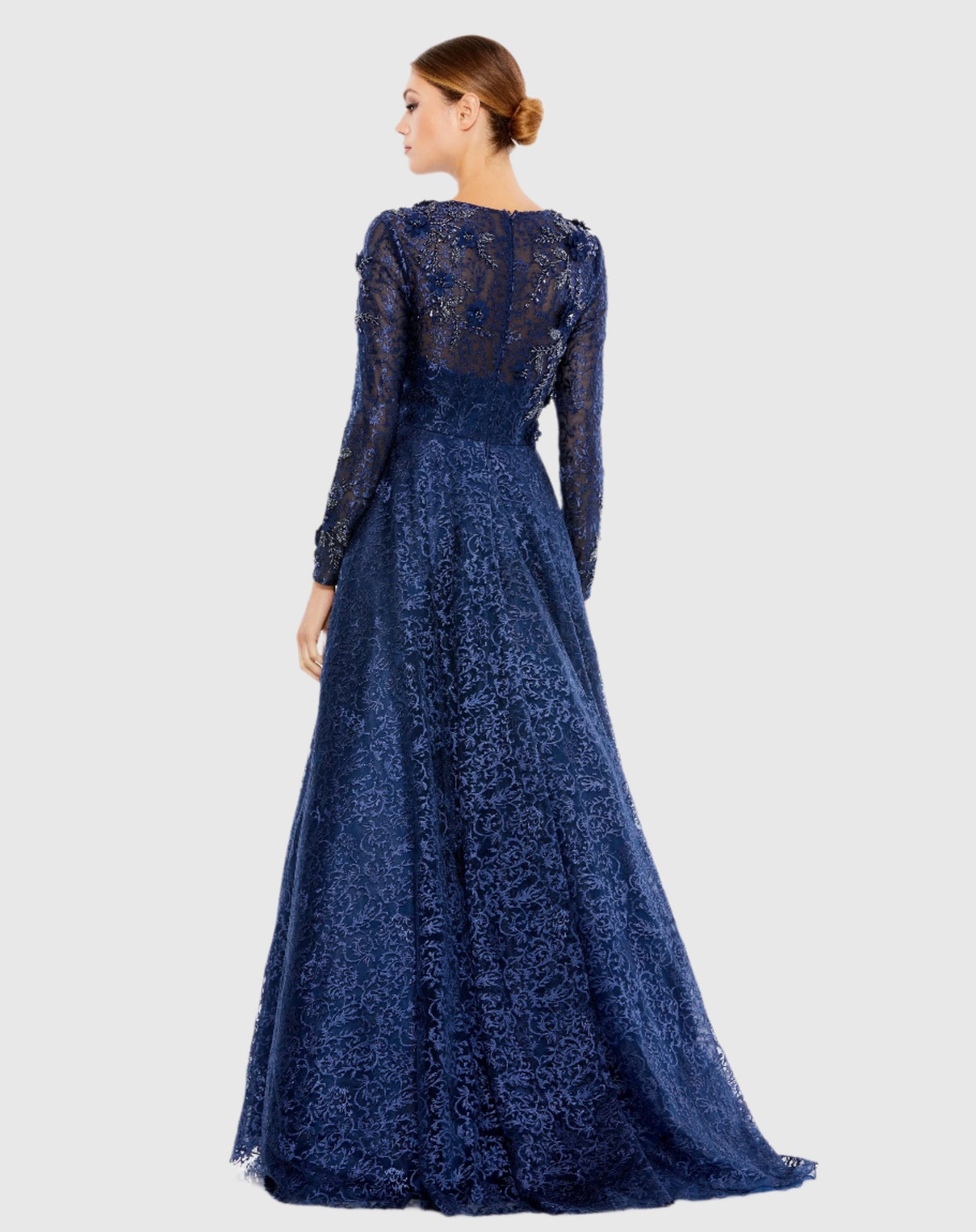 Embellished Illusion Long Sleeve A Line Gown