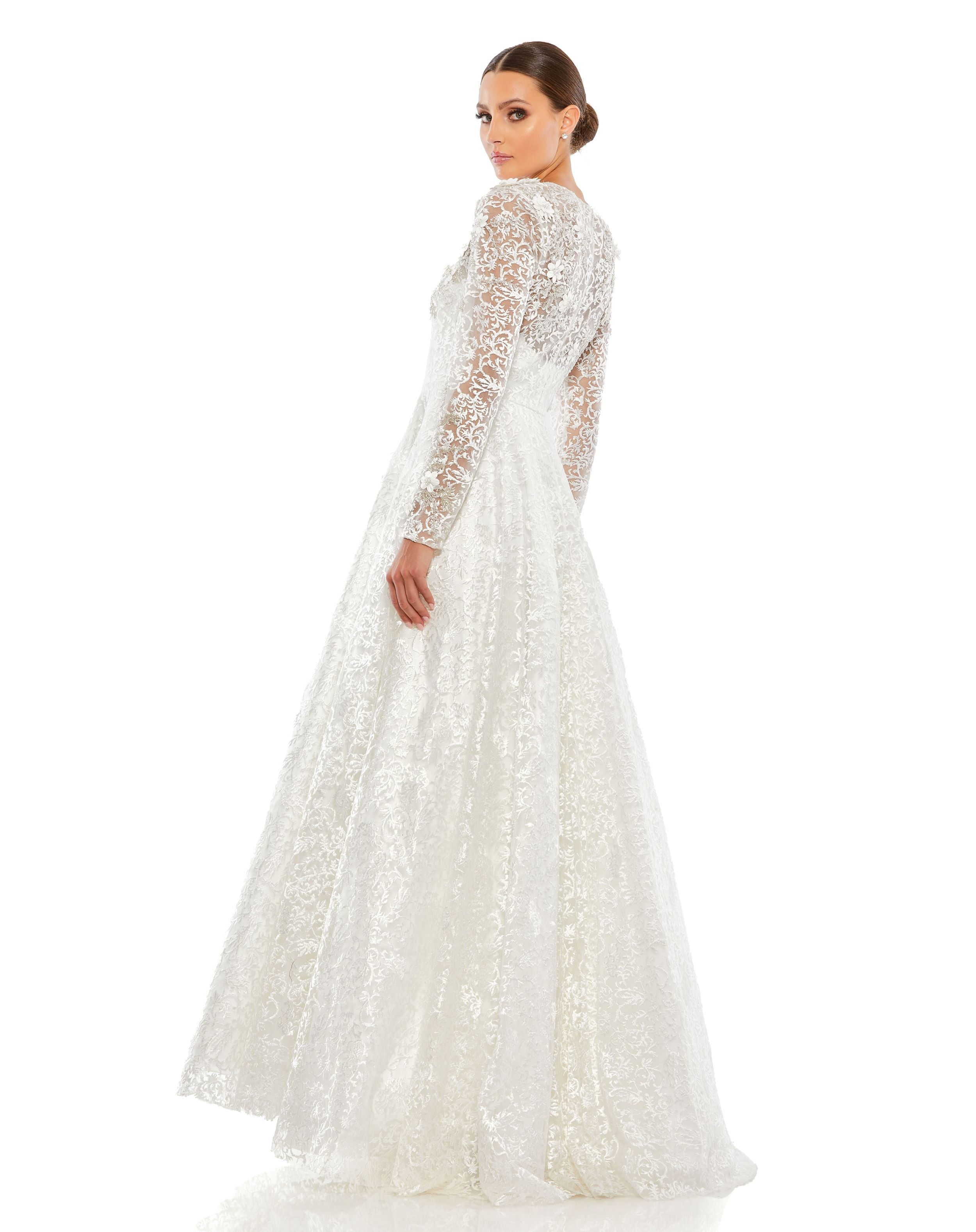 Embellished Illusion Long Sleeve A Line Gown