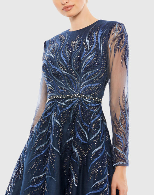 Embellished Tea-Length Illusion Cocktail Dress